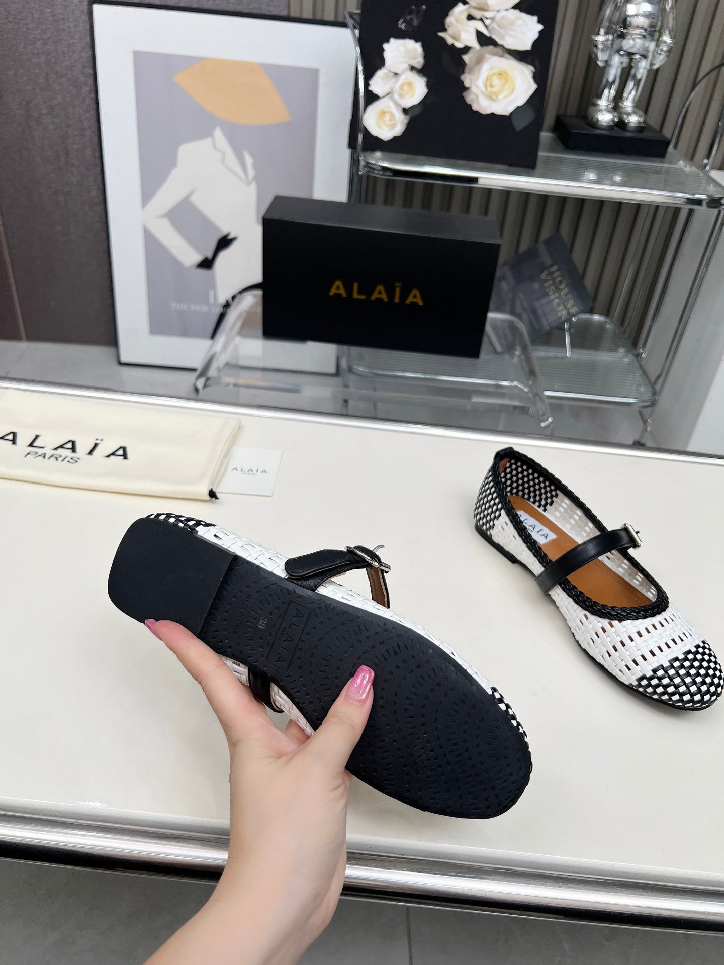 Alaia Mary Jane Flats Woven Pattern White Black Calfskin 714960