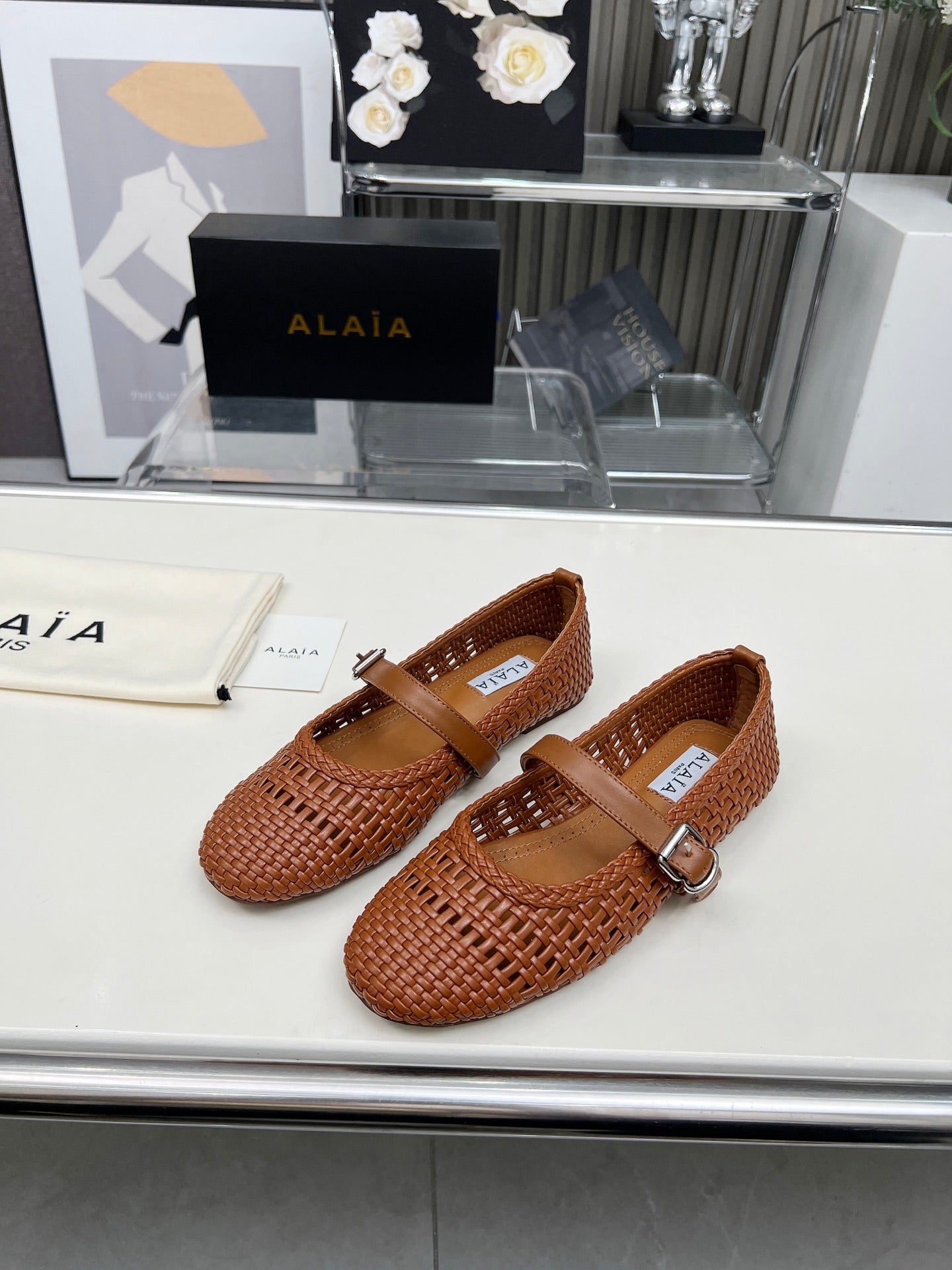 Alaia Mary Jane Flats Woven Pattern Brown Calfskin 714955
