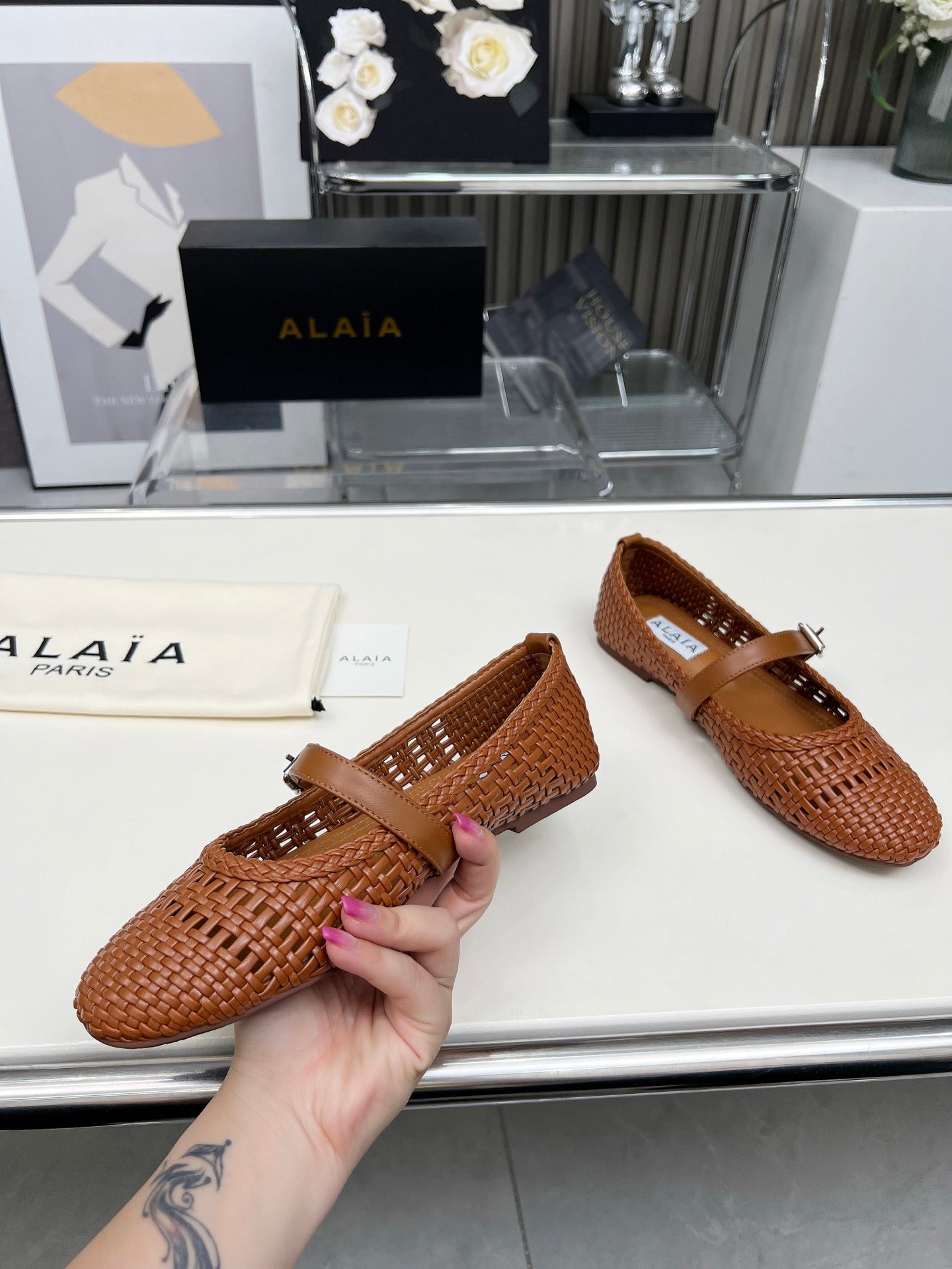 Alaia Mary Jane Flats Woven Pattern Brown Calfskin 714955