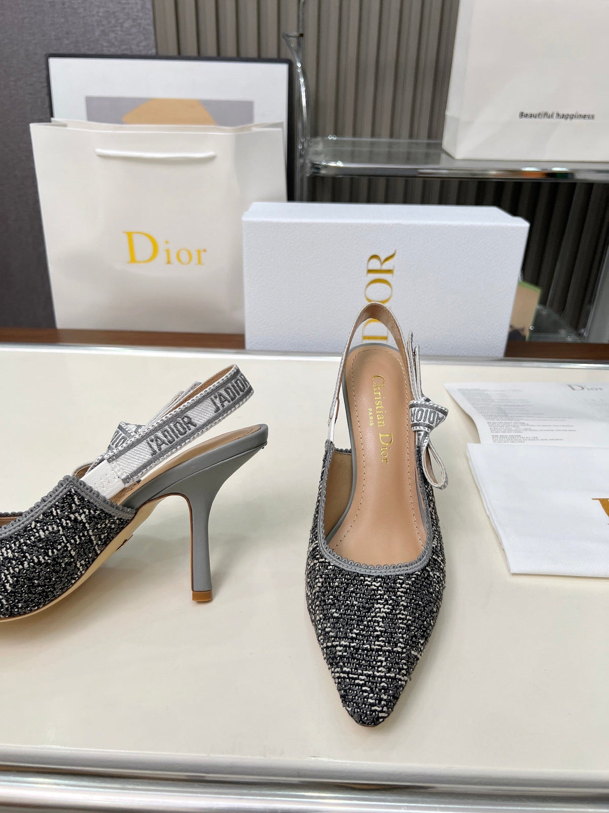 CD 26s J'Adior Slingback Pumps Grey Tweed Calfskin 153616