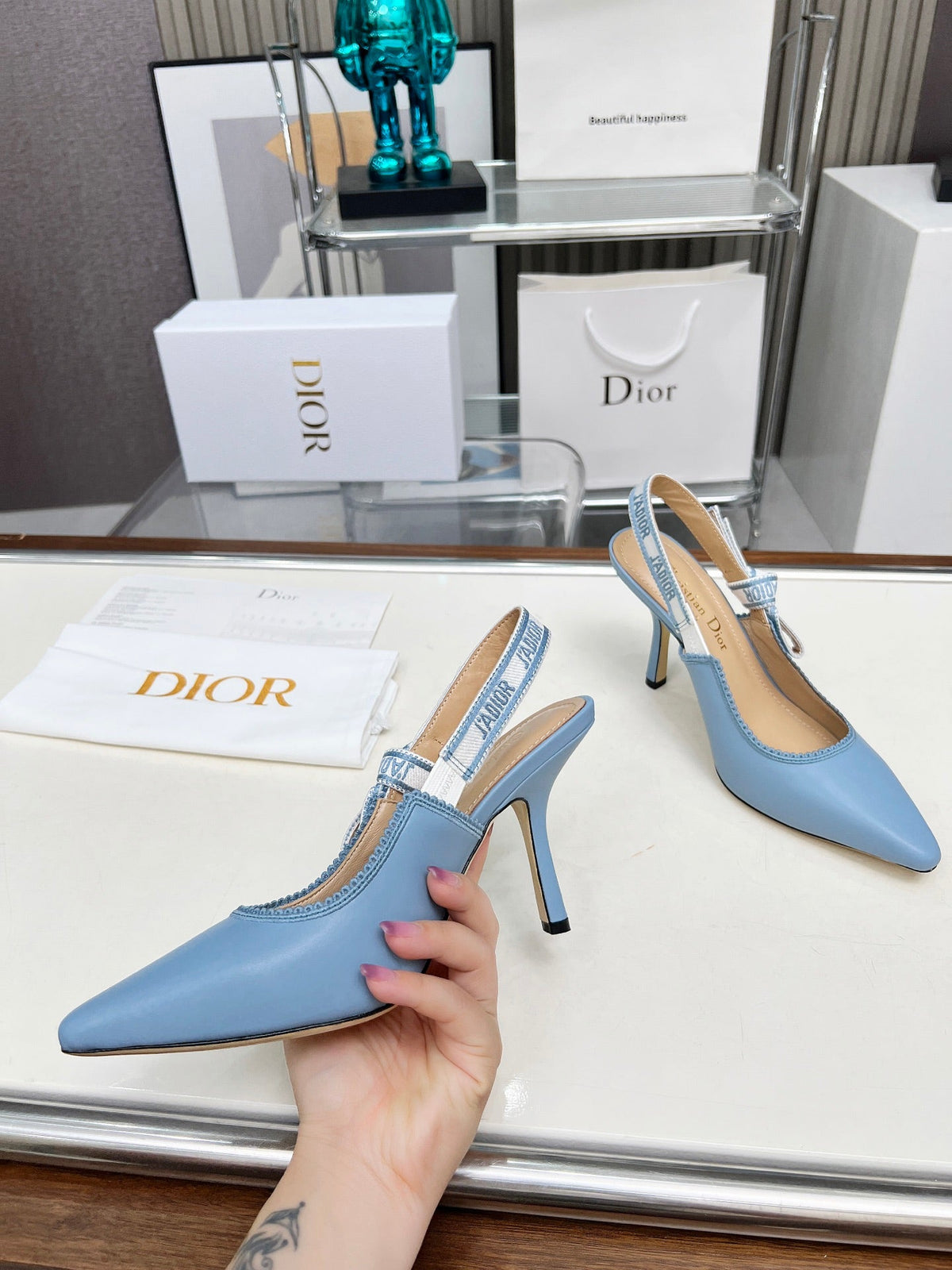 CD 26s J'Adior Slingback Pumps Light Blue Ribbon Calfskin 153593