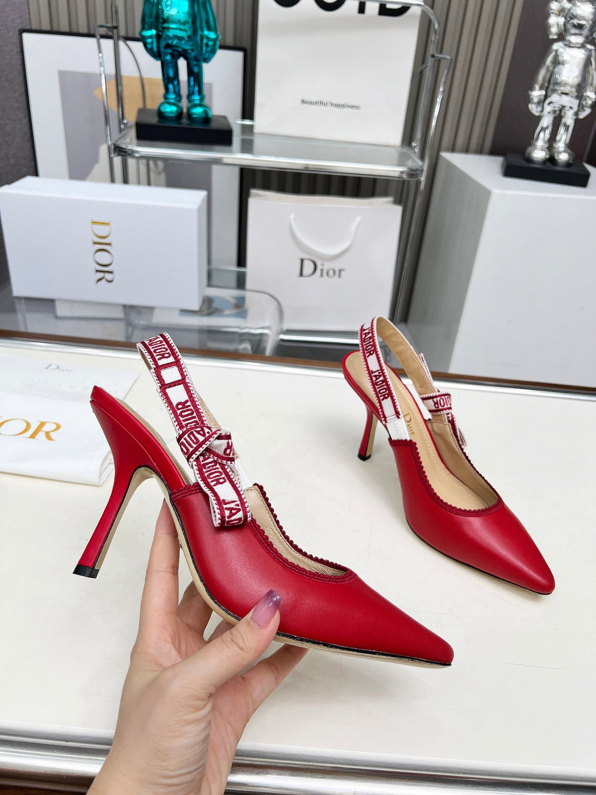 CD 26s J'Adior Slingback Pumps Red Ribbon Calfskin 153617