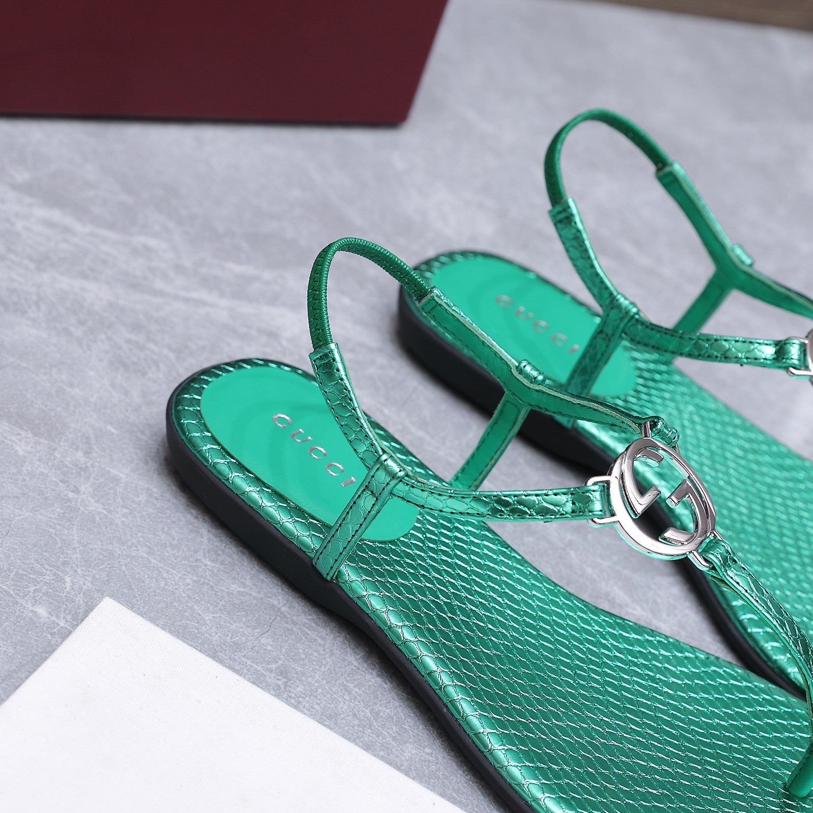 GG Thong Sandal With Interlocking G Teal Green Snakeskin 864292