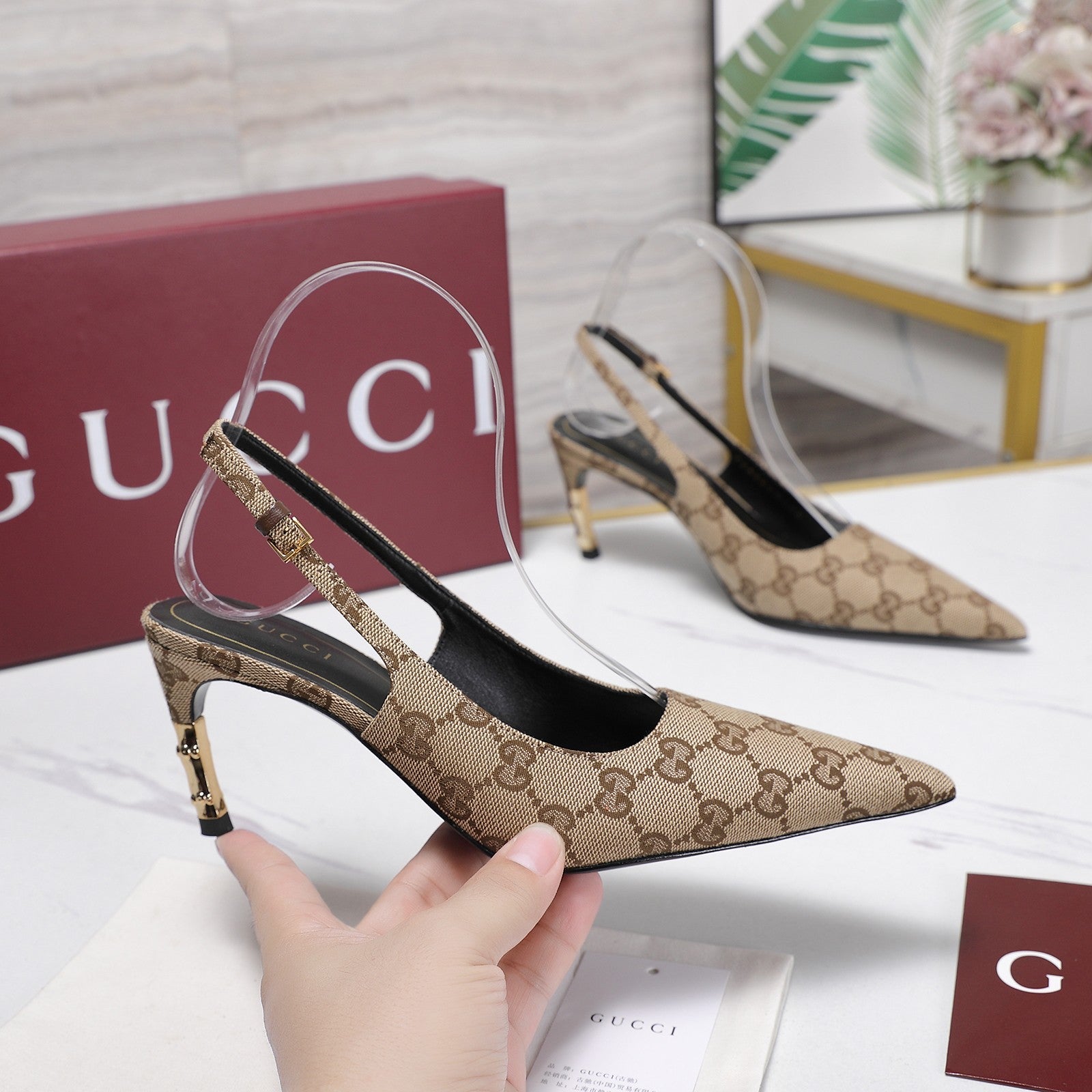 GG Castello Slingback 7.5cm Beige Canvas 864299