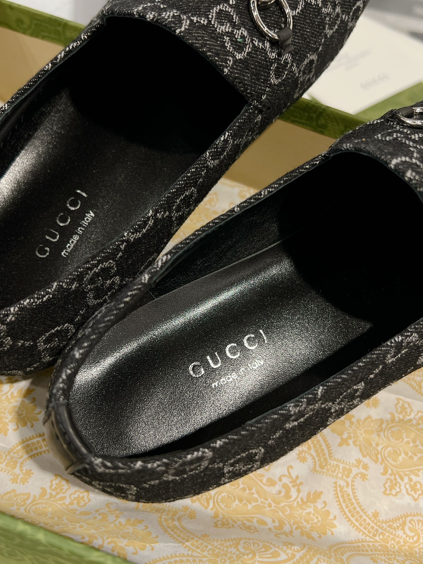 MEN'S LOAFER WITH HORSEBIT IN BLACK MONOGRAM JACQUARD FABRIC