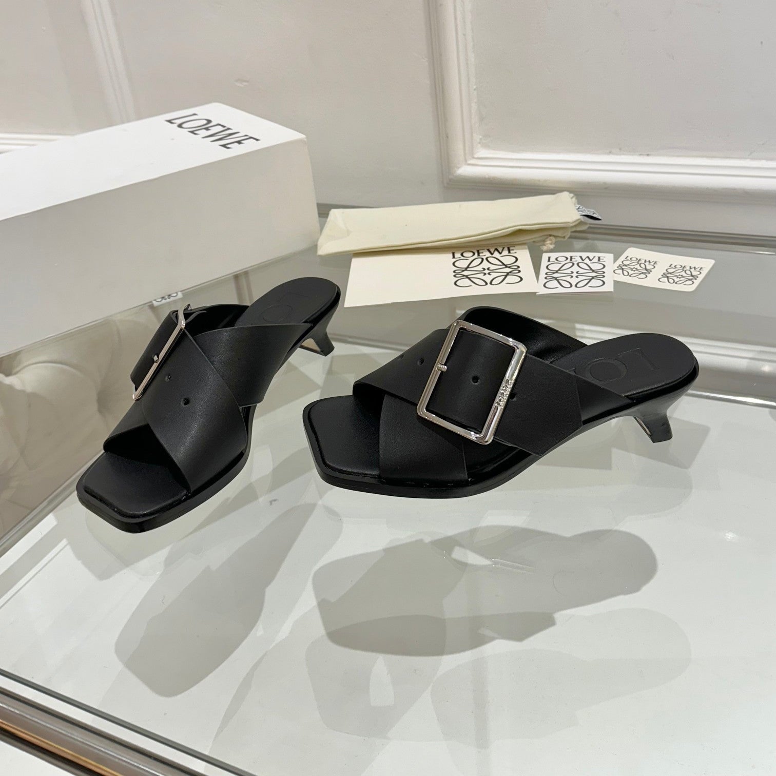 Loewe Petal Buckle Sandals Black Leather 881320