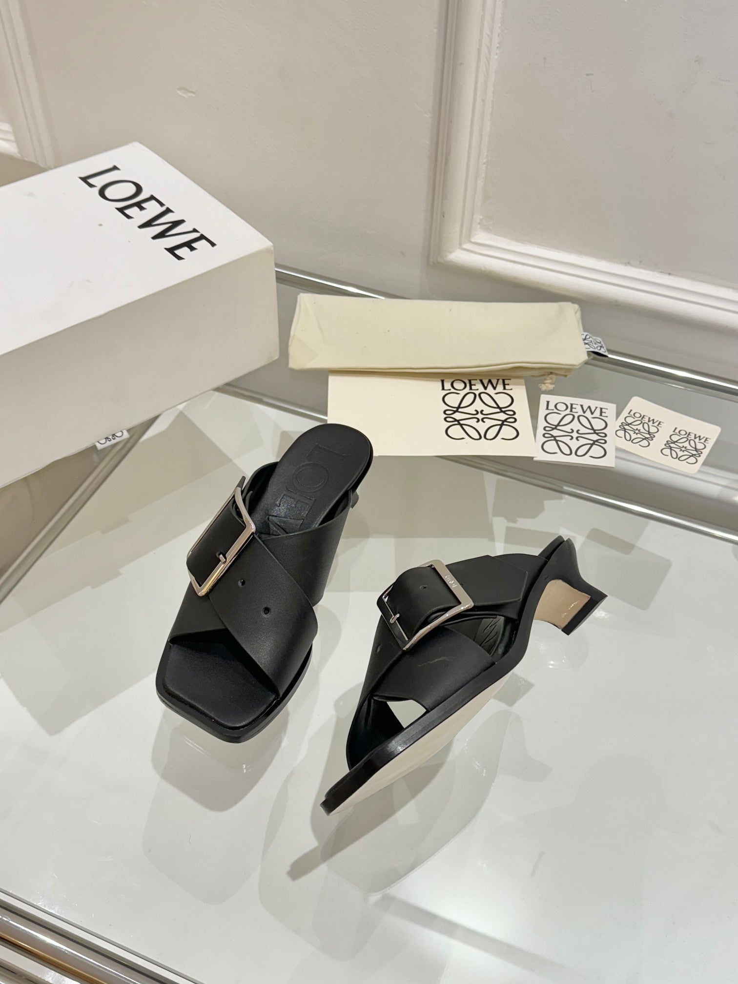 Loewe Petal Buckle Sandals Black Leather 881320