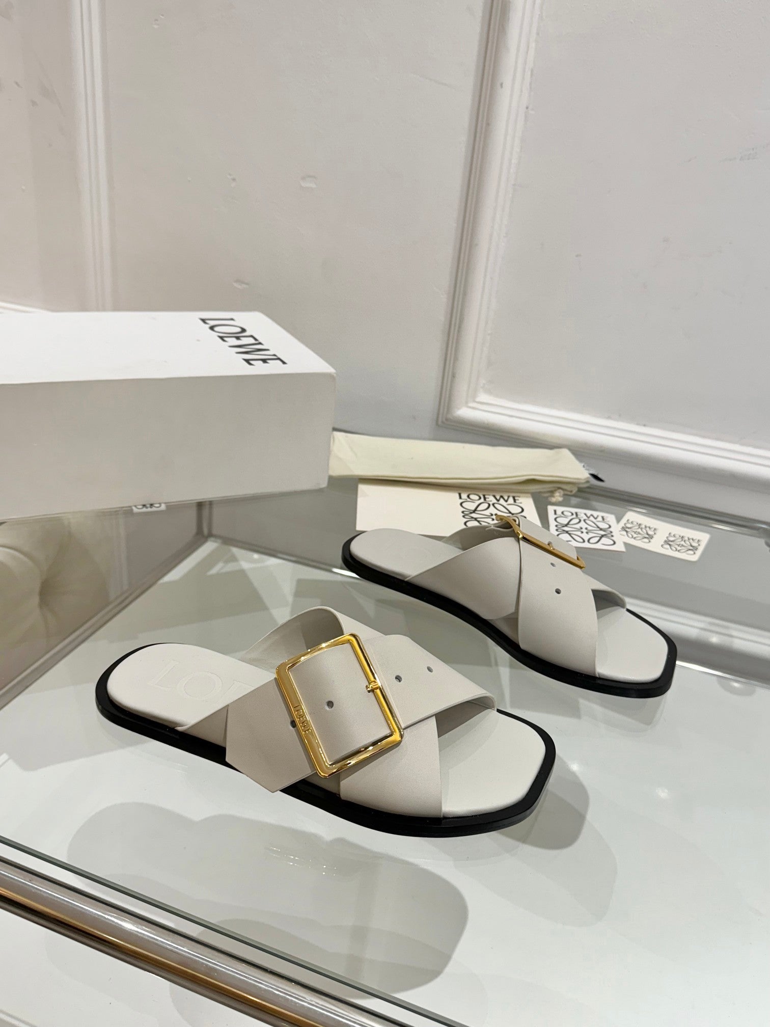 Loewe Petal Buckle Slide Light Grey Leather 881317