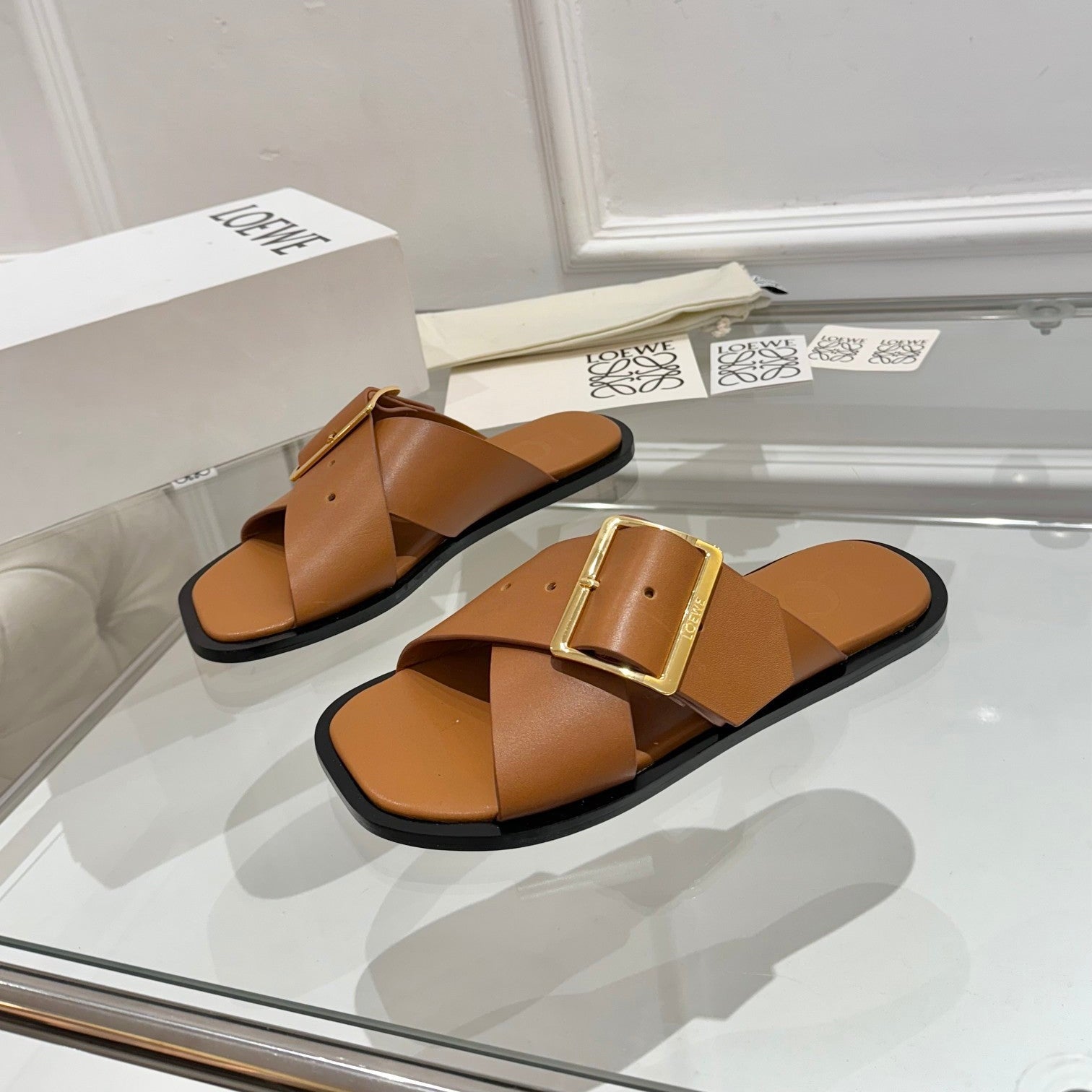 Loewe Petal Buckle Slide Tan Brown Leather 881319