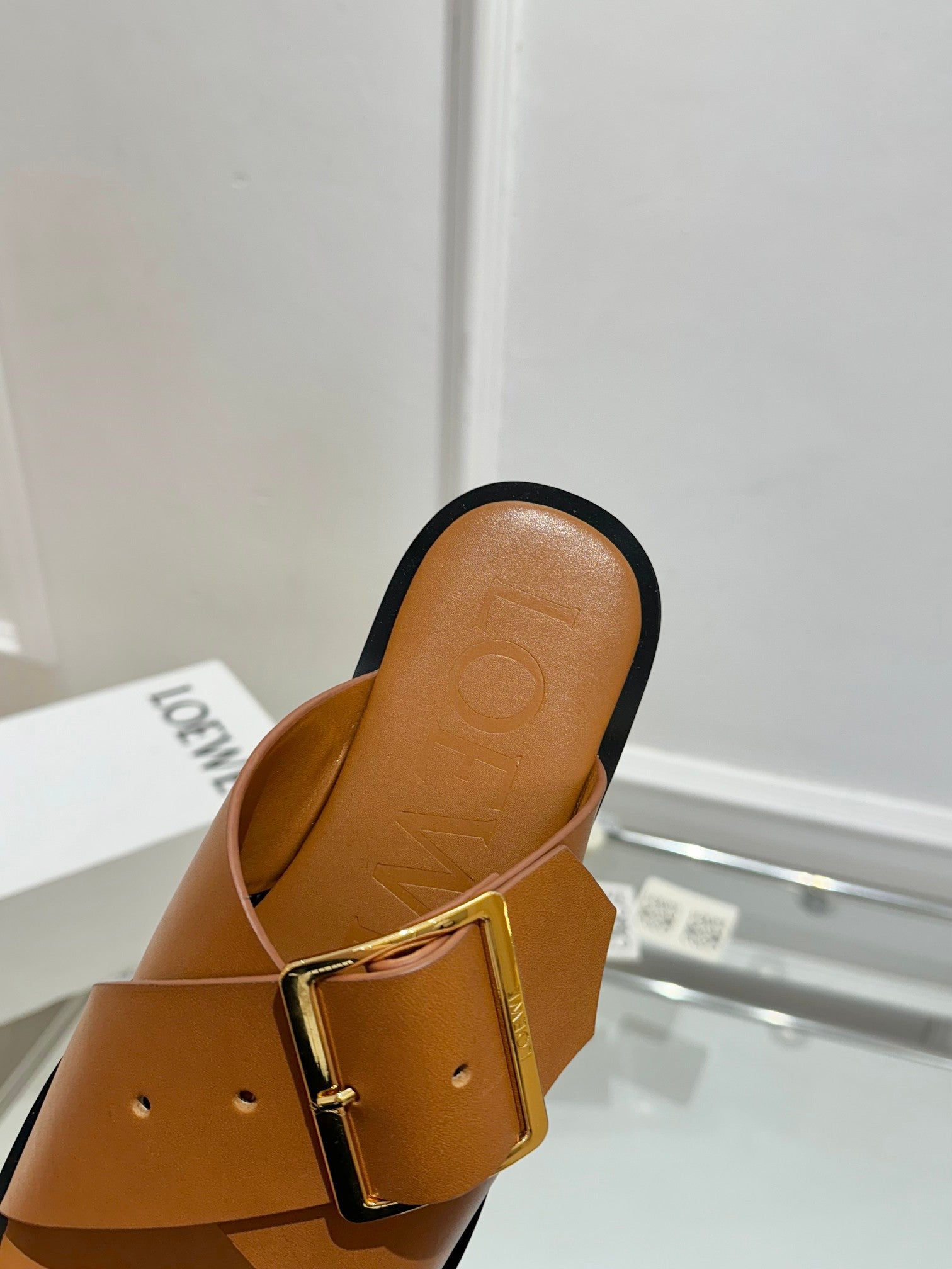 Loewe Petal Buckle Slide Tan Brown Leather 881319