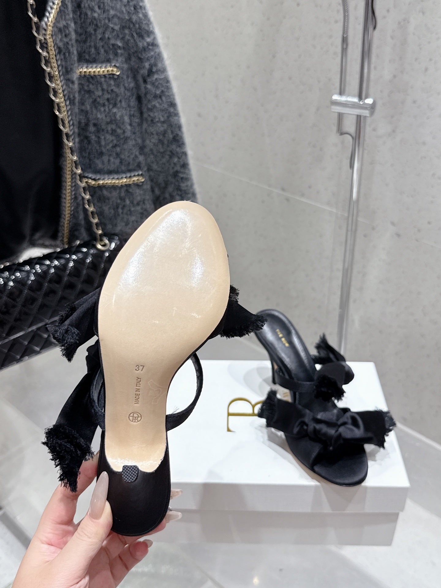 The Row Strap High Heel Mule Sandals 80mm Black Satin And Sheepskin 338378