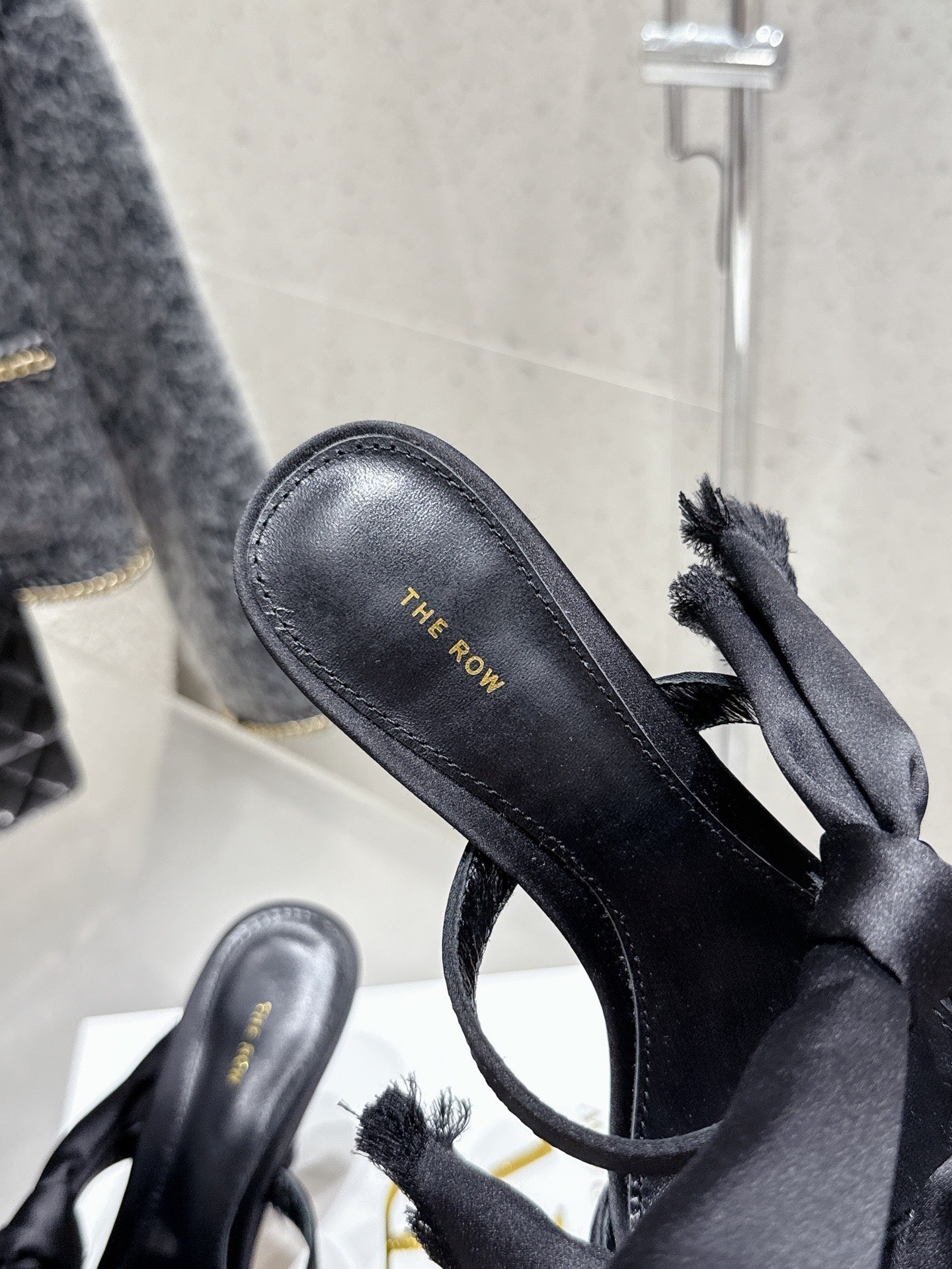 The Row Strap High Heel Mule Sandals 80mm Black Satin And Sheepskin 338378