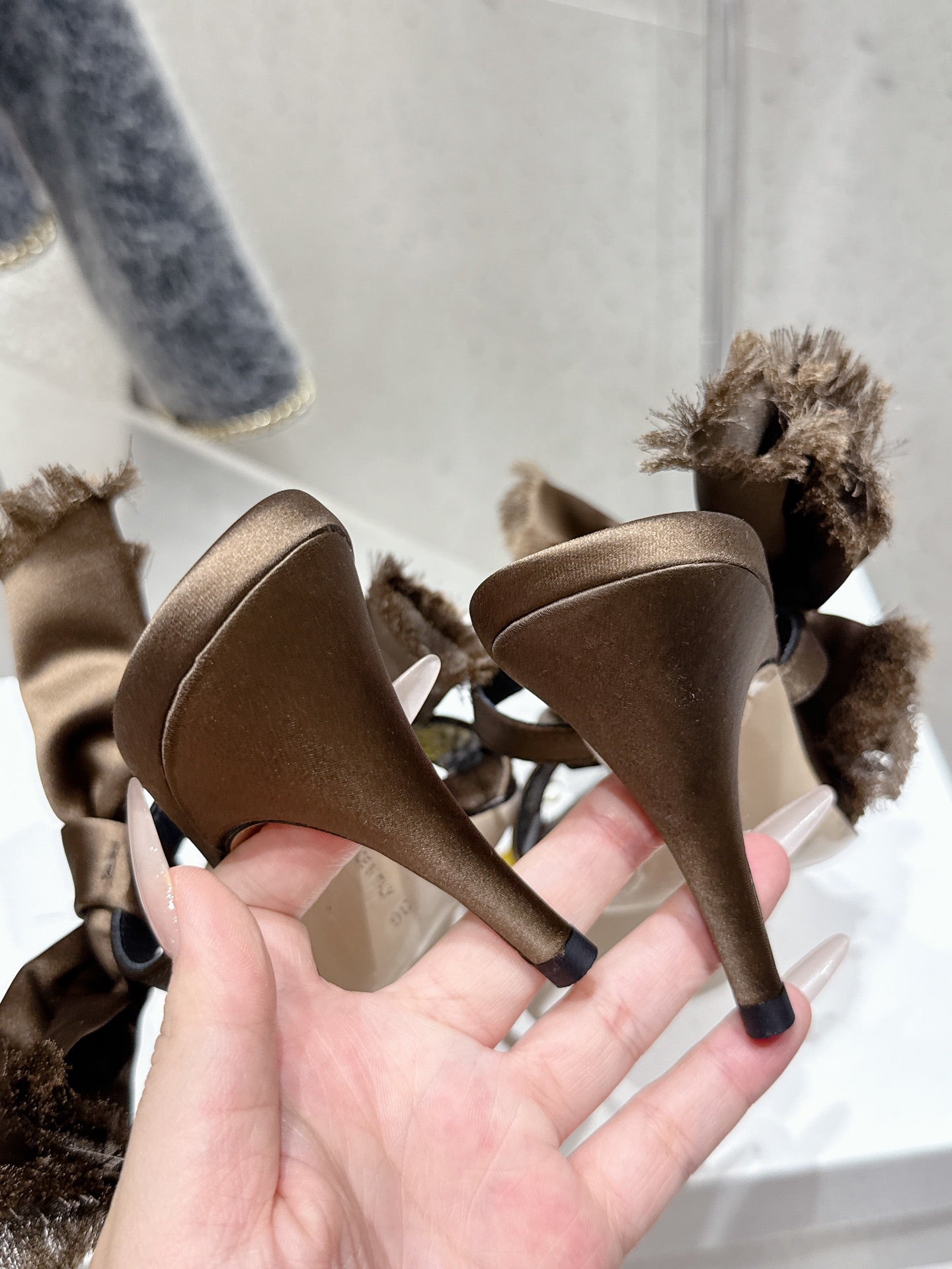 The Row Strap High Heel Mule Sandals 80mm Brown Satin And Black Sheepskin 338379