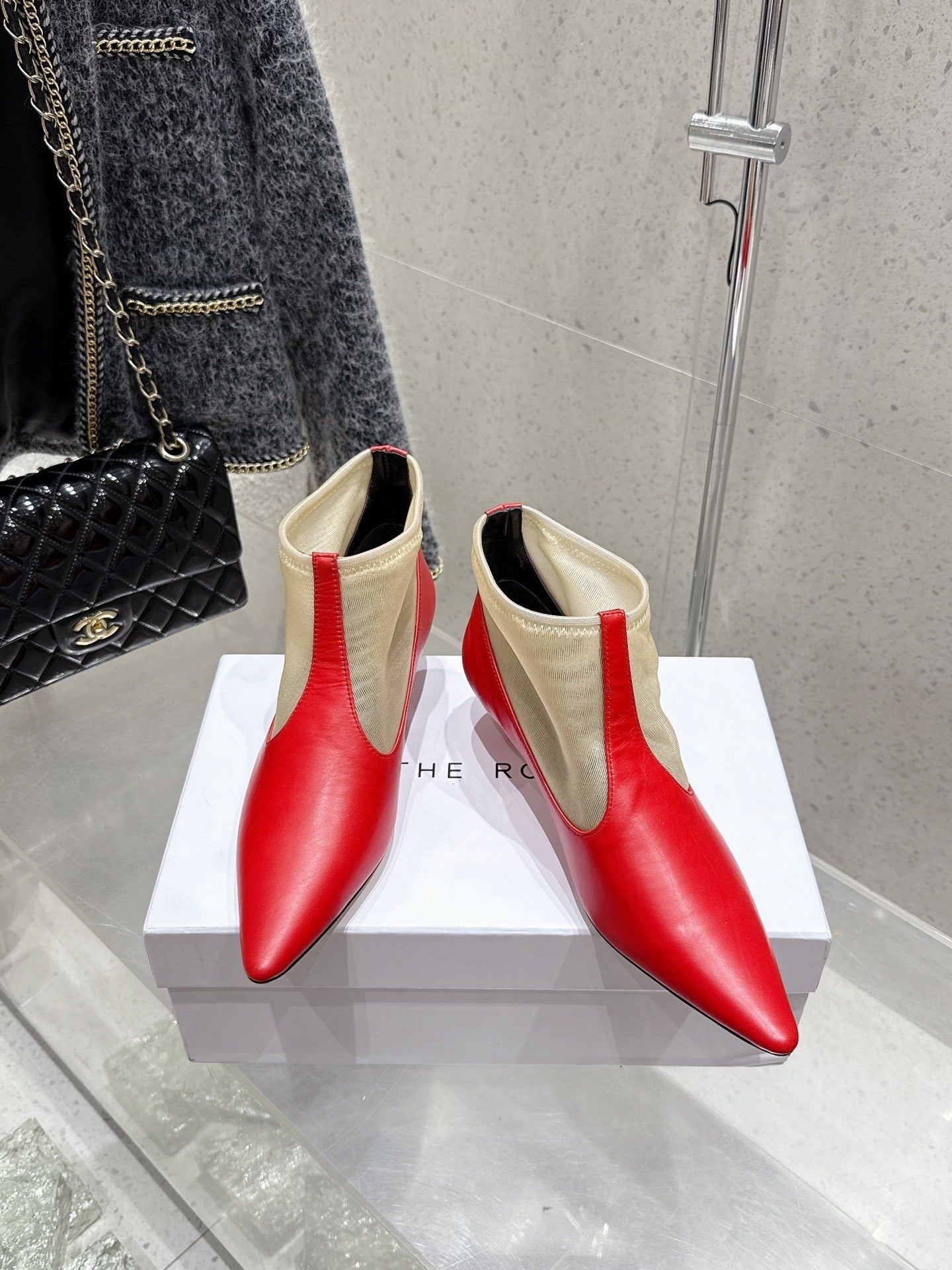 The Row Mesh Bootie 3.5cm Beige Mesh And Red Calfskin 338383