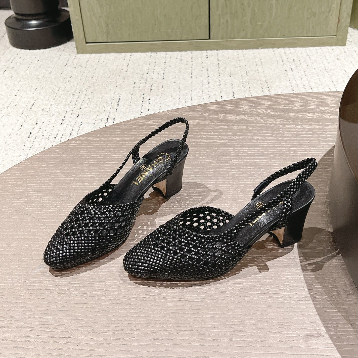 CC 26s Slingback Block Heel Black Woven Sheepskin 762818