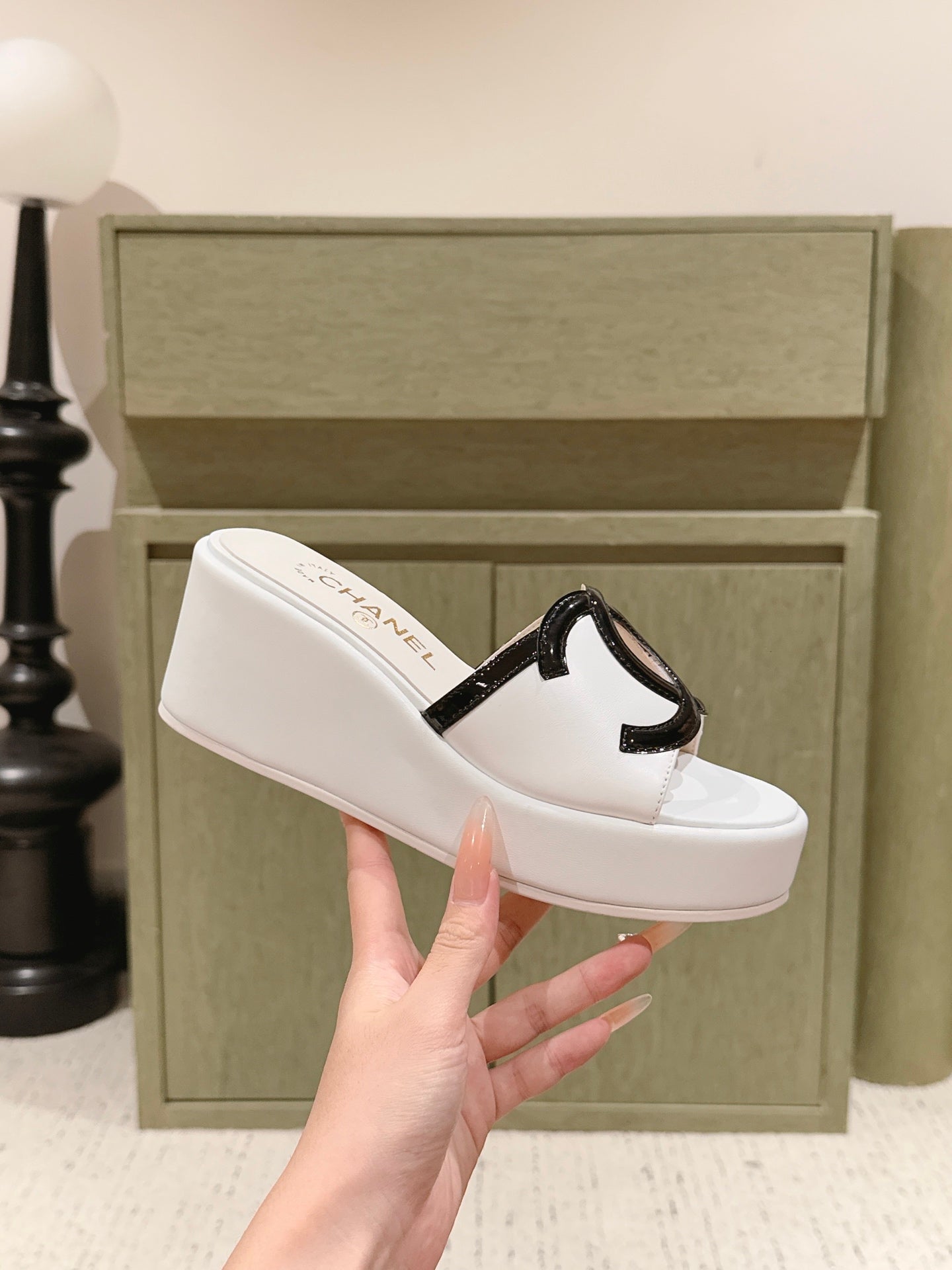 CC 26s Platform Mules Black White Patent Leather Lambskin 916987