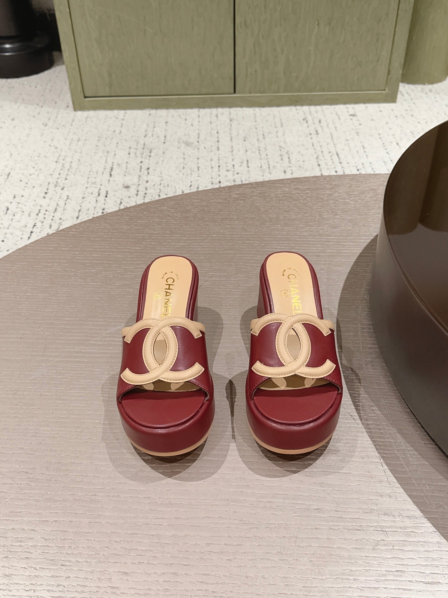 CC 26s Platform Mules Beige Burgundy Lambskin 916988