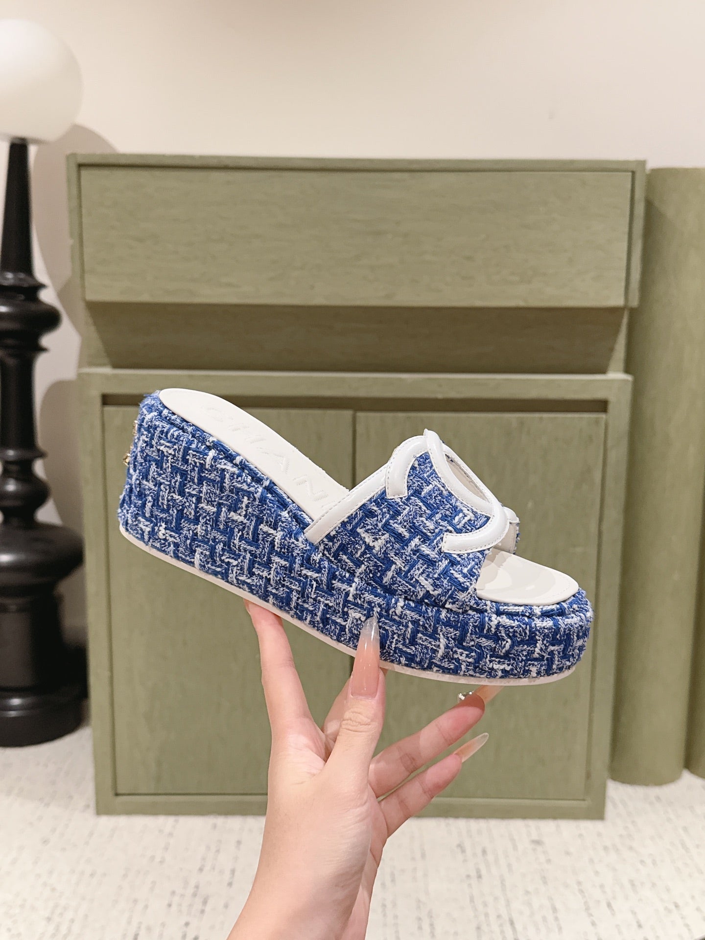 CC 26s Platform Mules Dark Blue Lambskin Fabric 916994