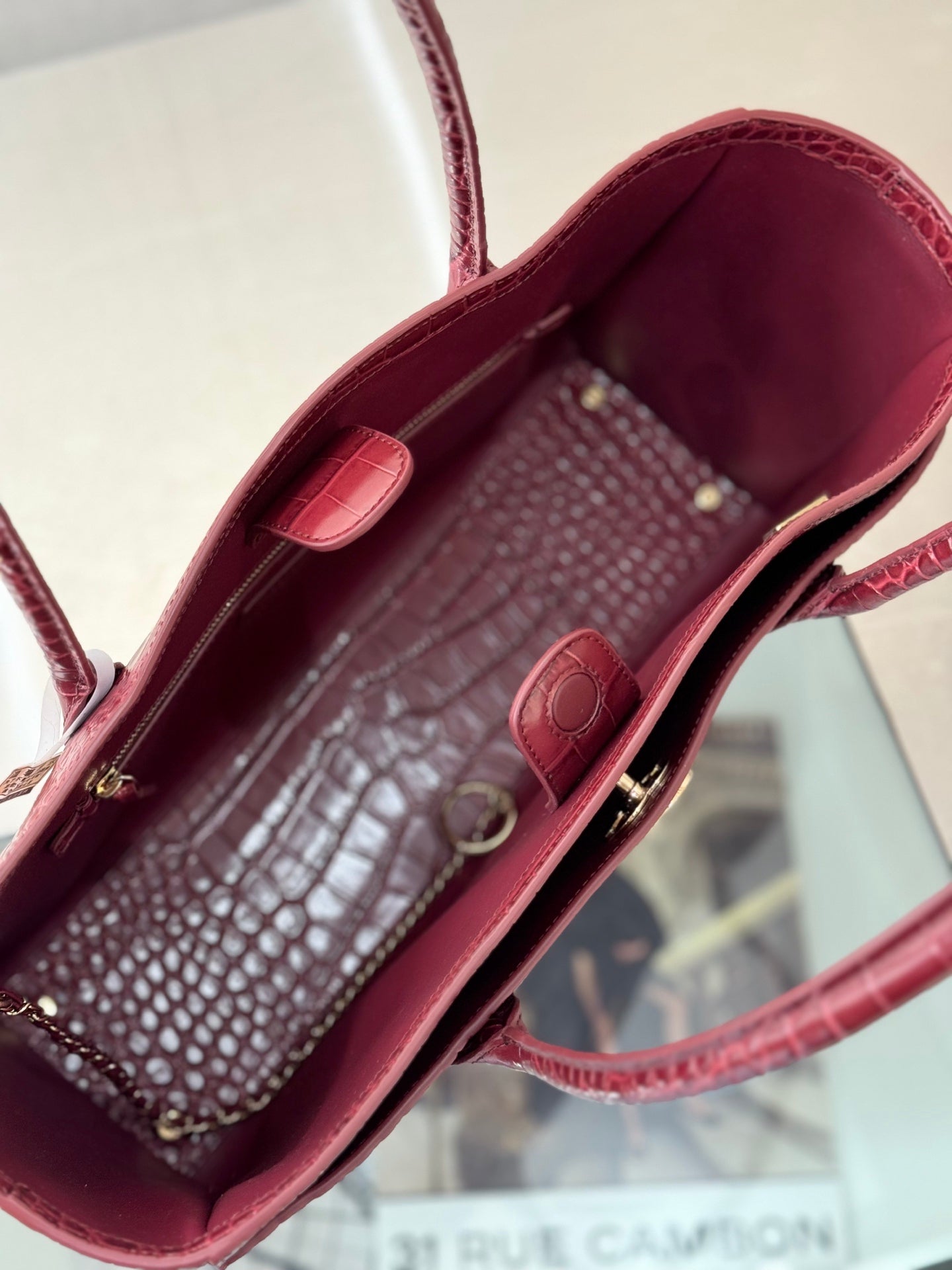 CC 2026 Executive Cerf Tote Bag Burgundy Crocodile Embossed Leather