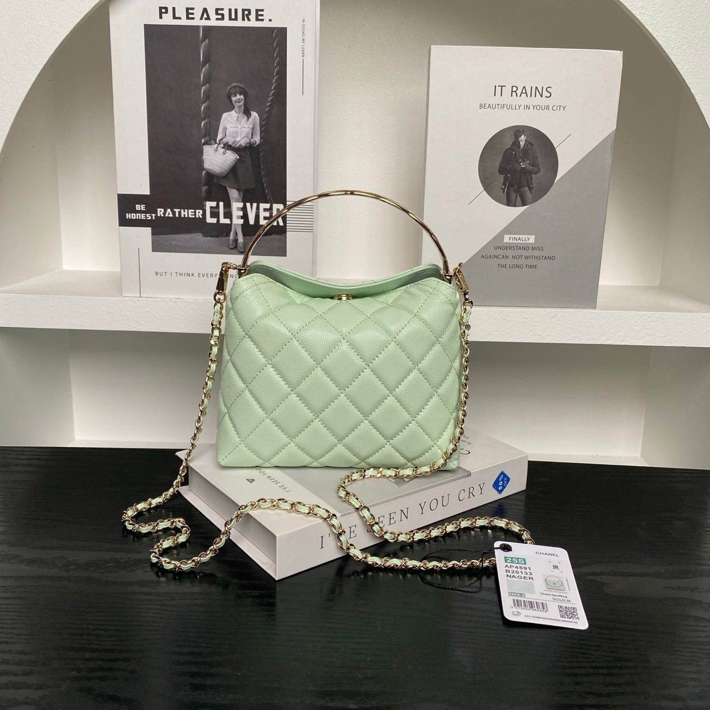 CC Coco Crush Handle Lunch Bag Light Green Caviar Leather