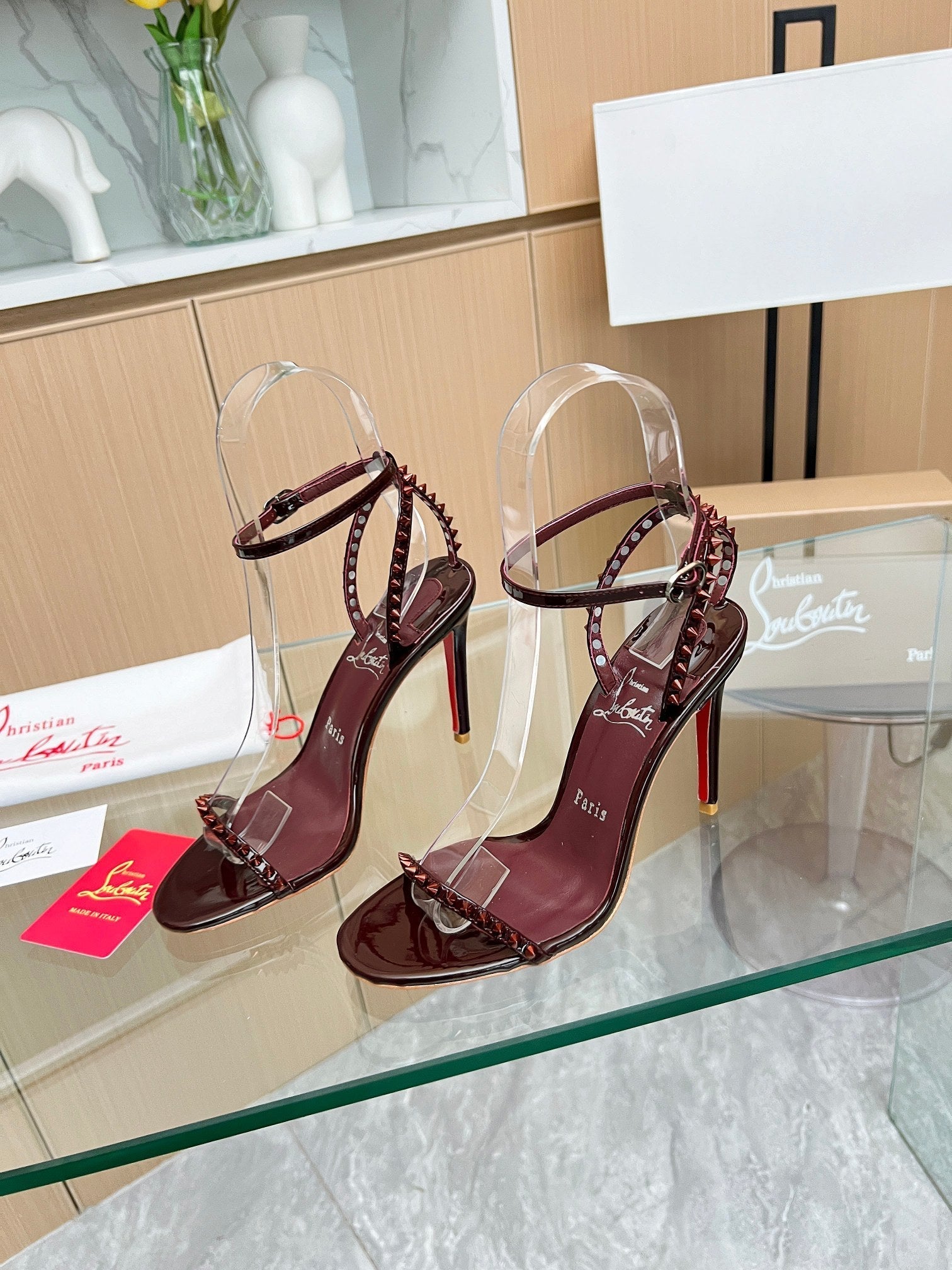 CL So Me 105 mm Strappy Sandal Dark Wine Red Imported Rivets with Sheepskin 251019