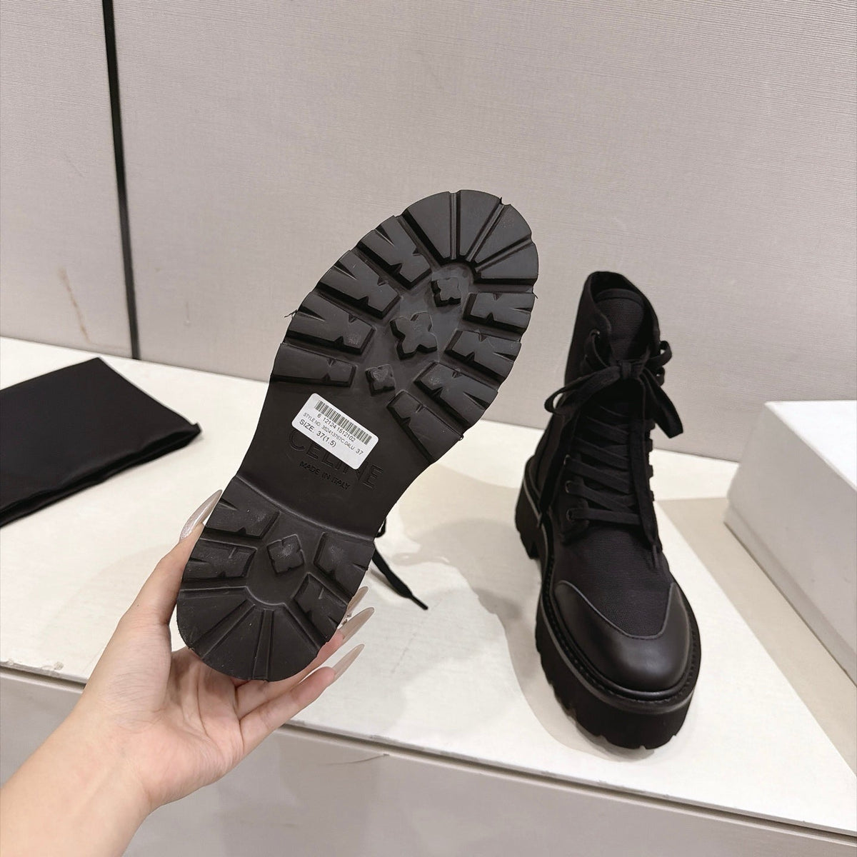 Celine Bulky Boots 4.5cm Black Canvas 168182