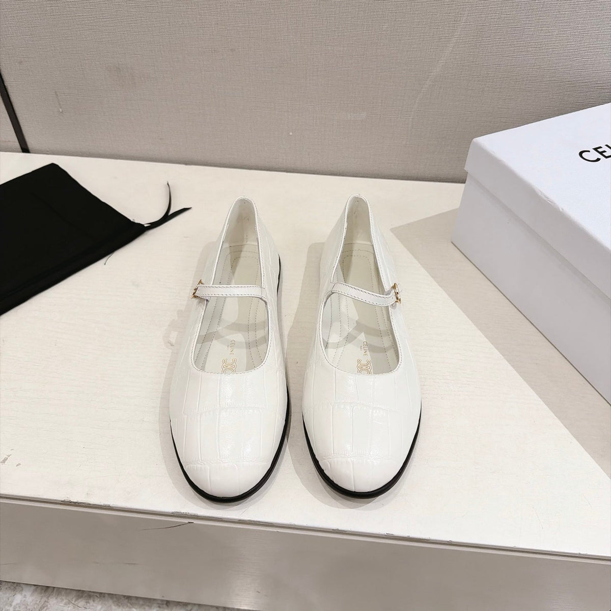 Celine Mary Jane Flats White Croc Embossed Leather 168203
