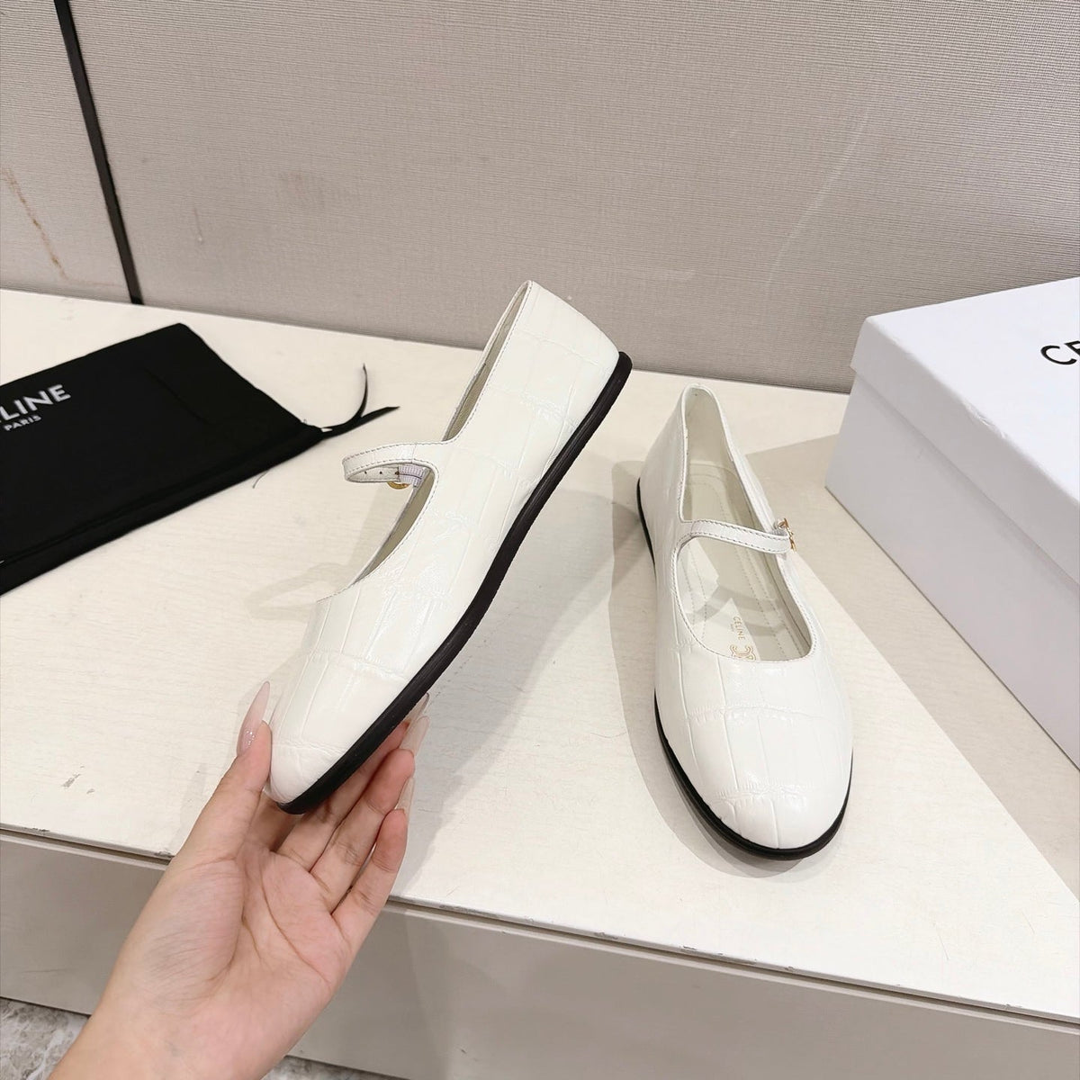 Celine Mary Jane Flats White Croc Embossed Leather 168203