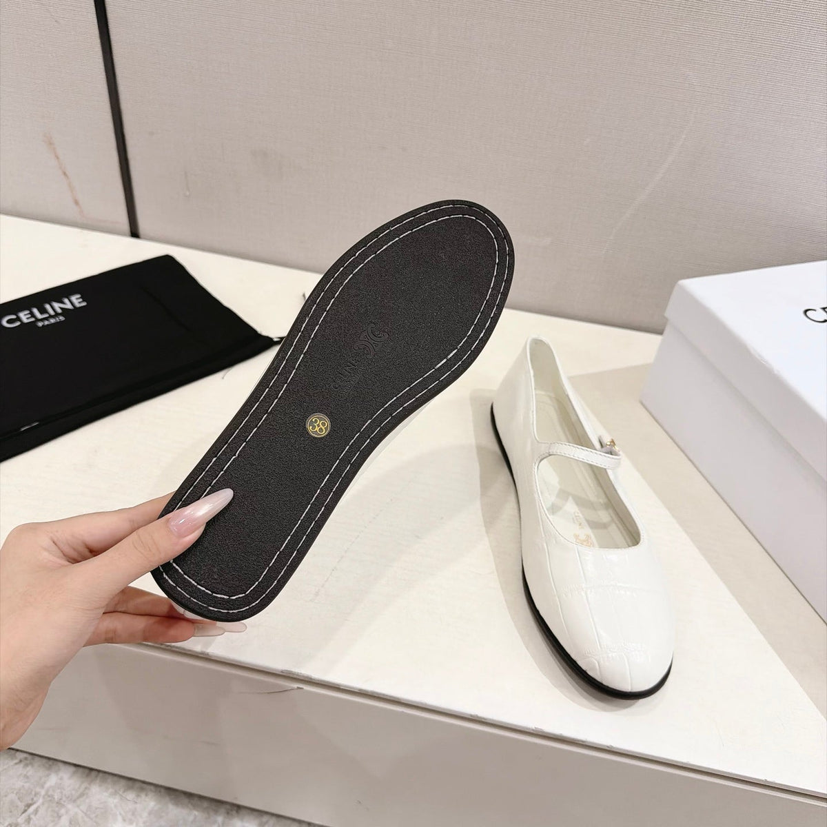 Celine Mary Jane Flats White Croc Embossed Leather 168203