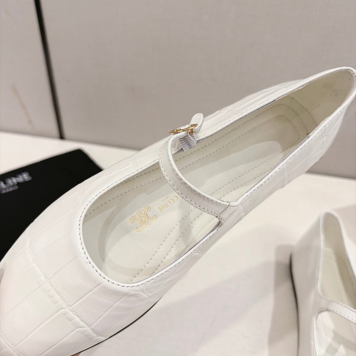 Celine Mary Jane Flats White Croc Embossed Leather 168203