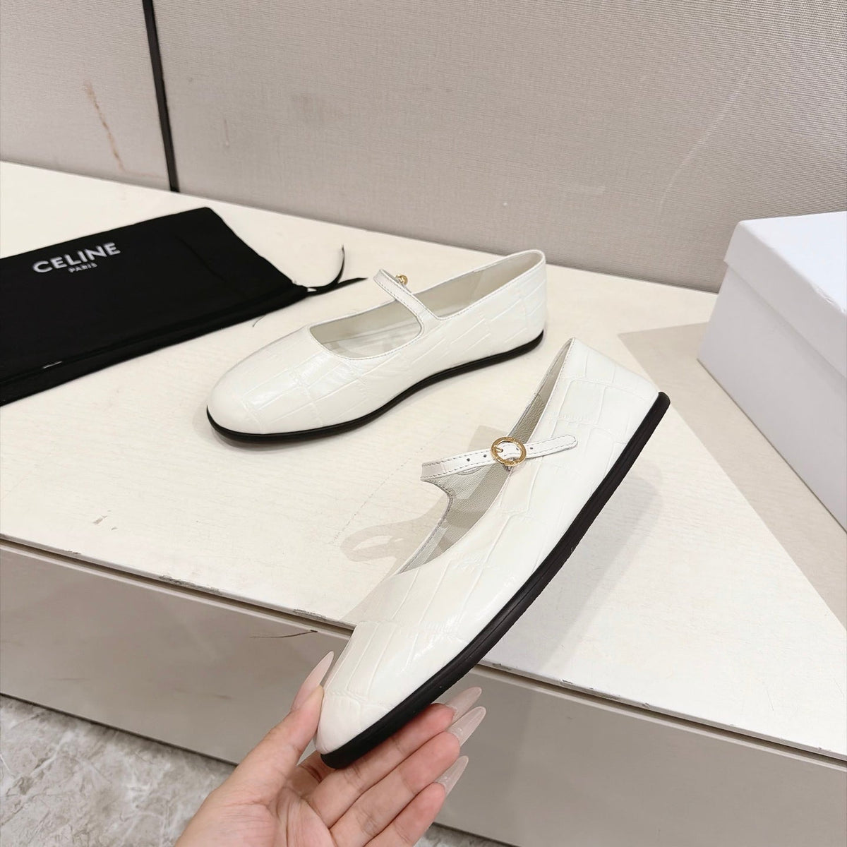 Celine Mary Jane Flats White Croc Embossed Leather 168203