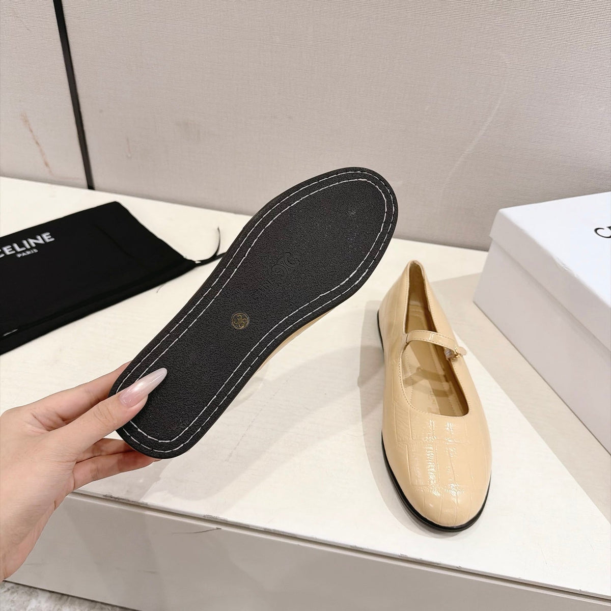 Celine Mary Jane Flats Cream Croc Embossed Leather 168204