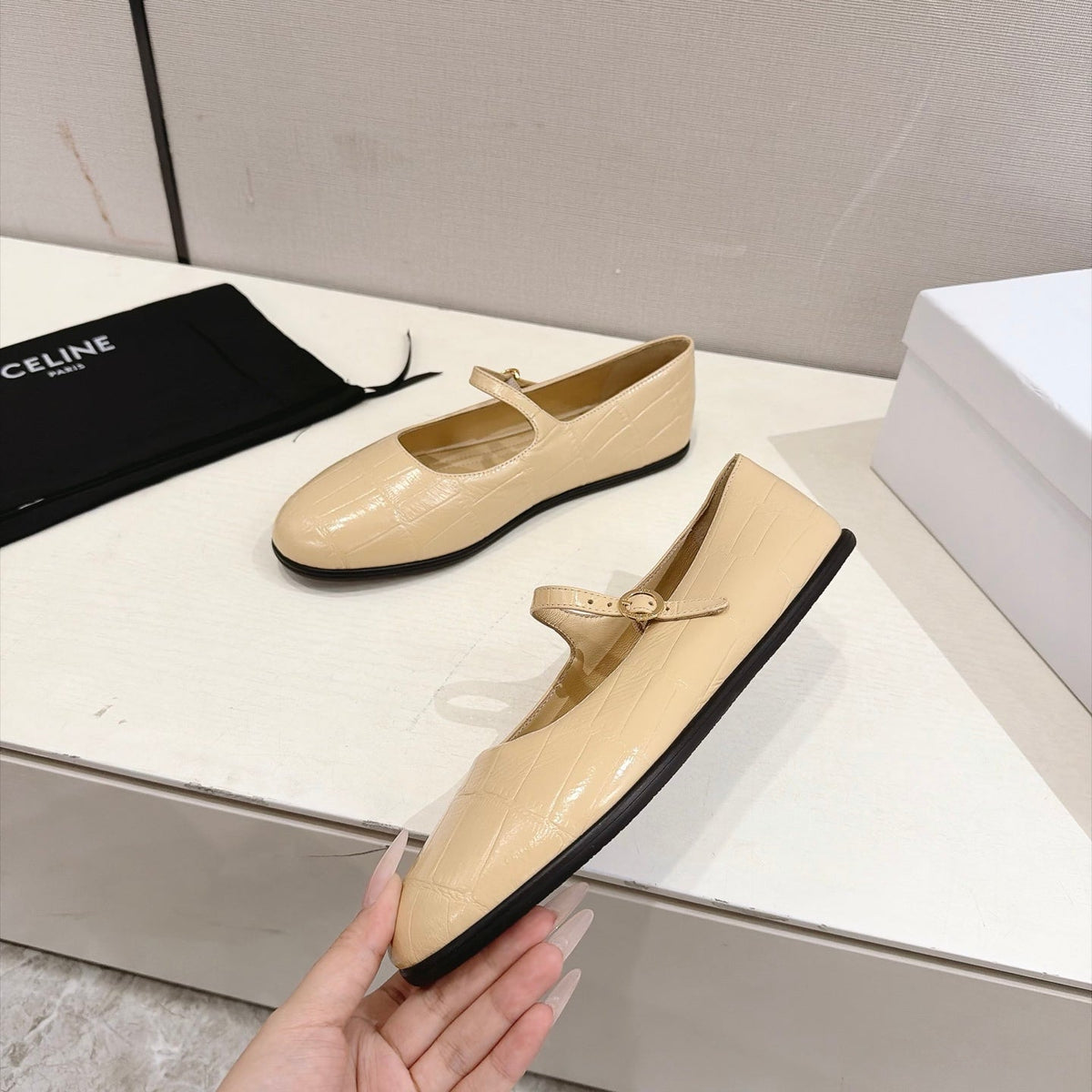 Celine Mary Jane Flats Cream Croc Embossed Leather 168204