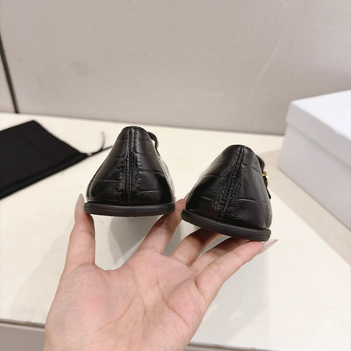 Celine Mary Jane Flats Black Croc Embossed Leather 168205