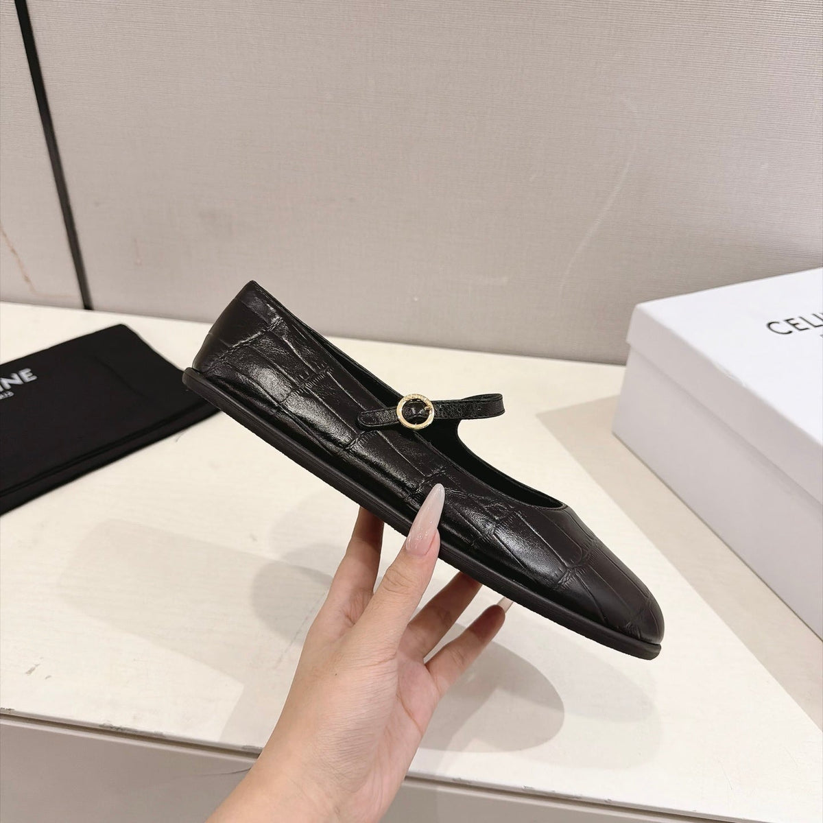 Celine Mary Jane Flats Black Croc Embossed Leather 168205