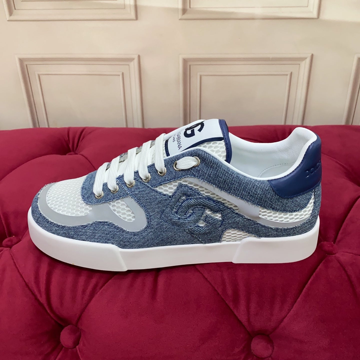 DC 25 Strobel Portofino Light Sneakers White Blue Denim Mesh & Sheepskin 271117