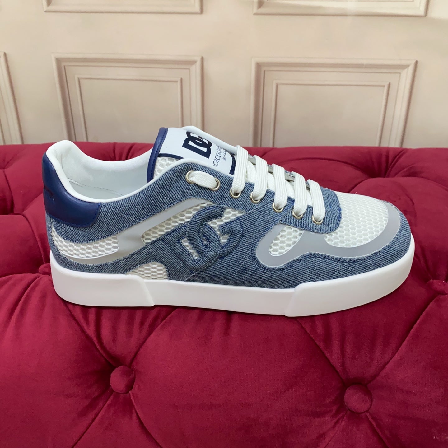 DC 25 Strobel Portofino Light Sneakers White Blue Denim Mesh & Sheepskin 271117