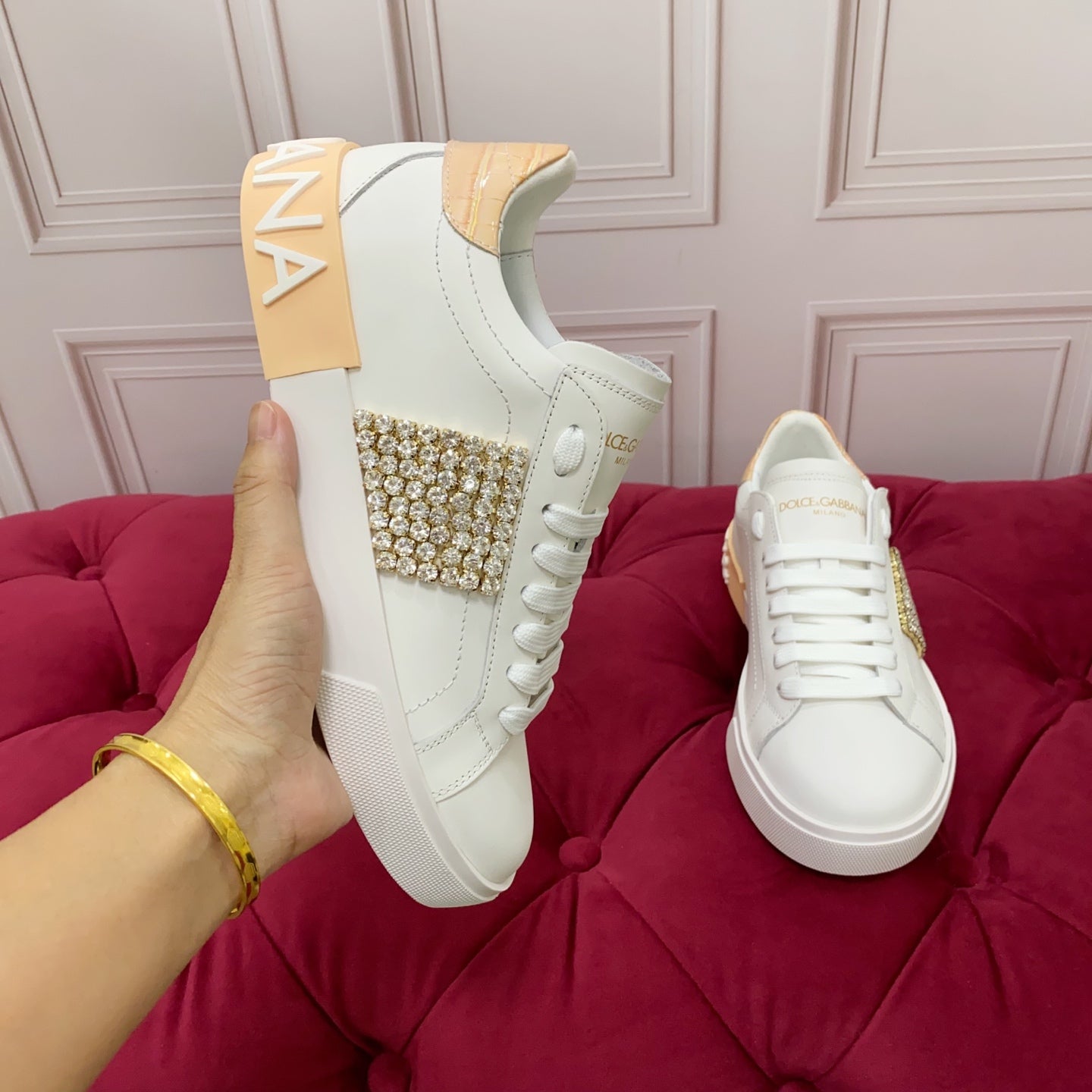 DC 25 Portofino Vintage Sneakers Yellow White Cowhide & Rhinestone Silk 333875