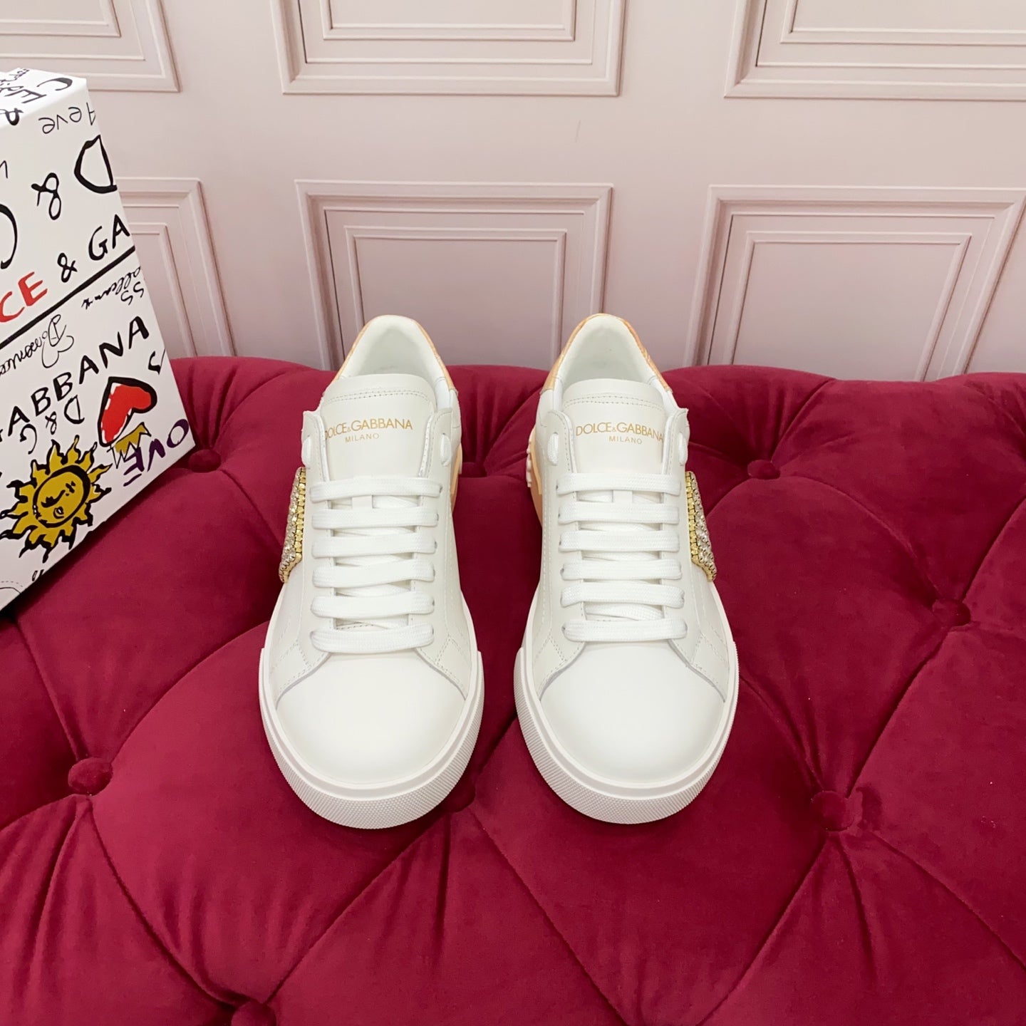 DC 25 Portofino Vintage Sneakers Yellow White Cowhide & Rhinestone Silk 333875