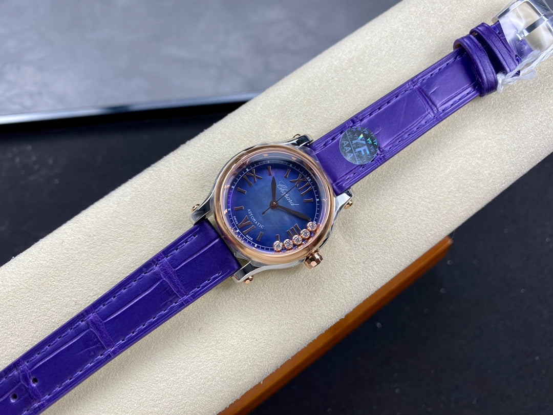 Happy Diamonds 30mm Pink Gold Blue Dial