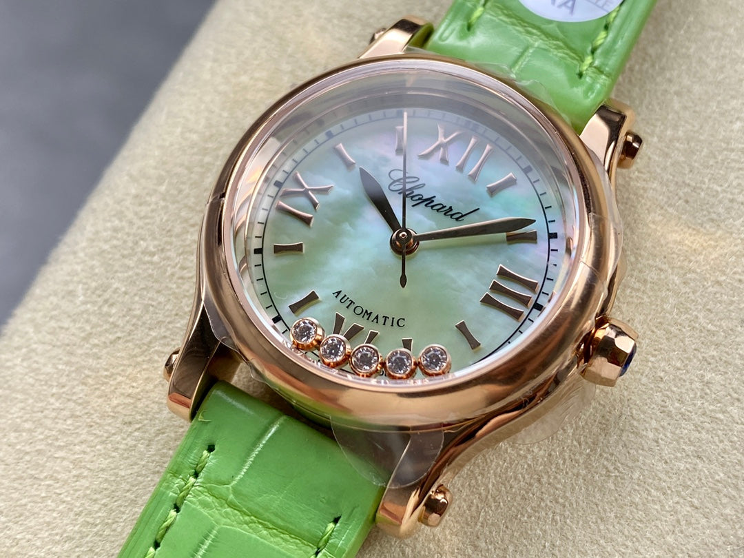 Happy Diamonds 30mm Pink Gold Green Dial