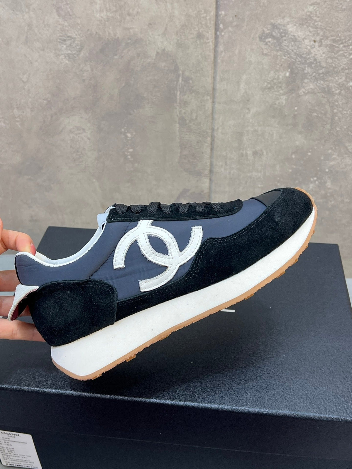 Chanel 26s Running Sneakers In Navy Black Suede And Nylon Cc Logo