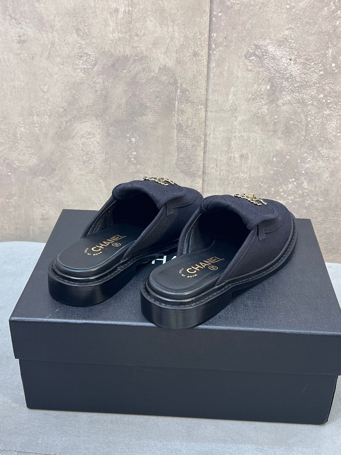 CC 26s Mule Loafers Black Canvas With Quilted Flap