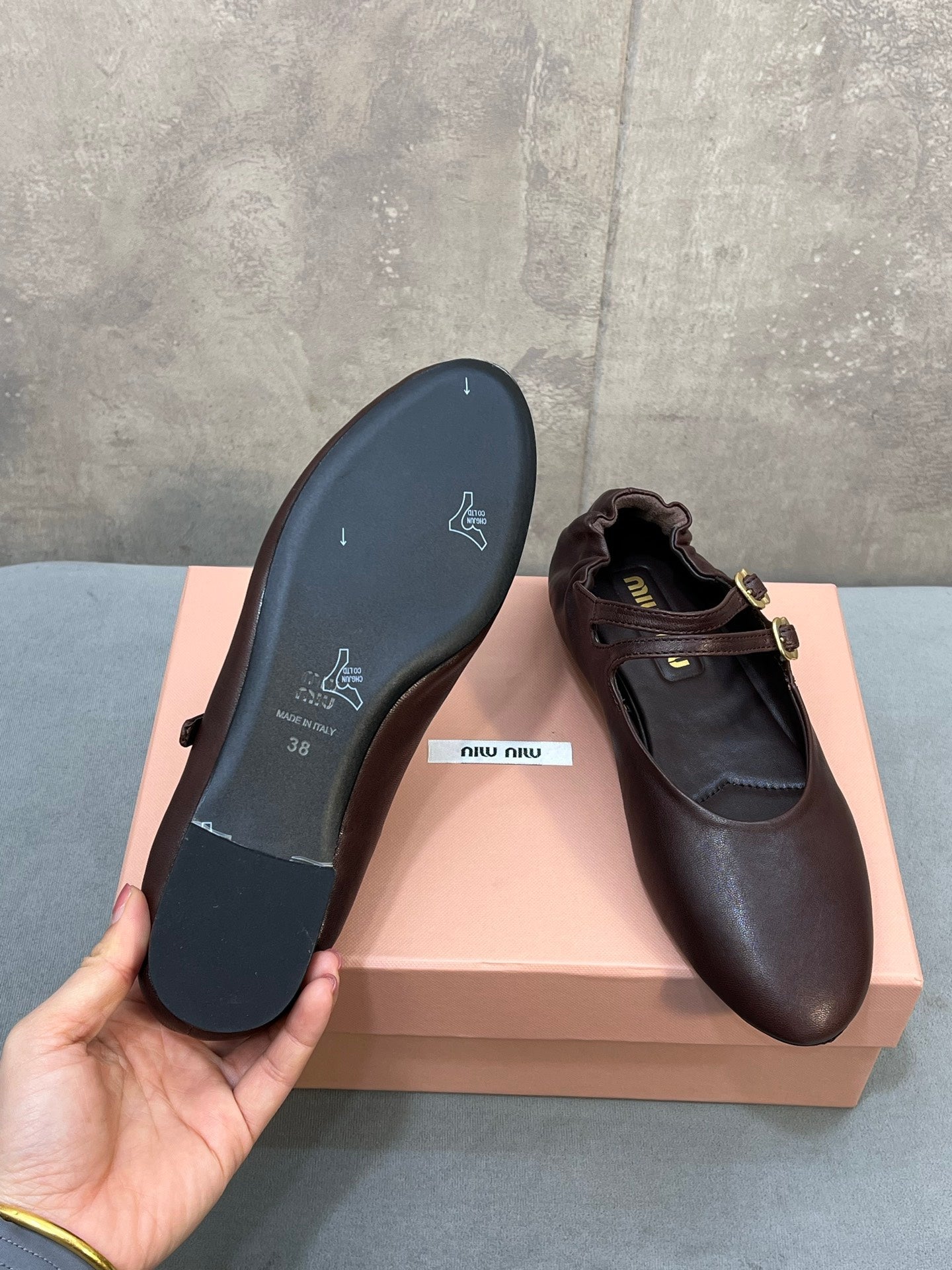 Miu 26s Double Strap Mary Jane Flats In Dark Brown Sheepskin