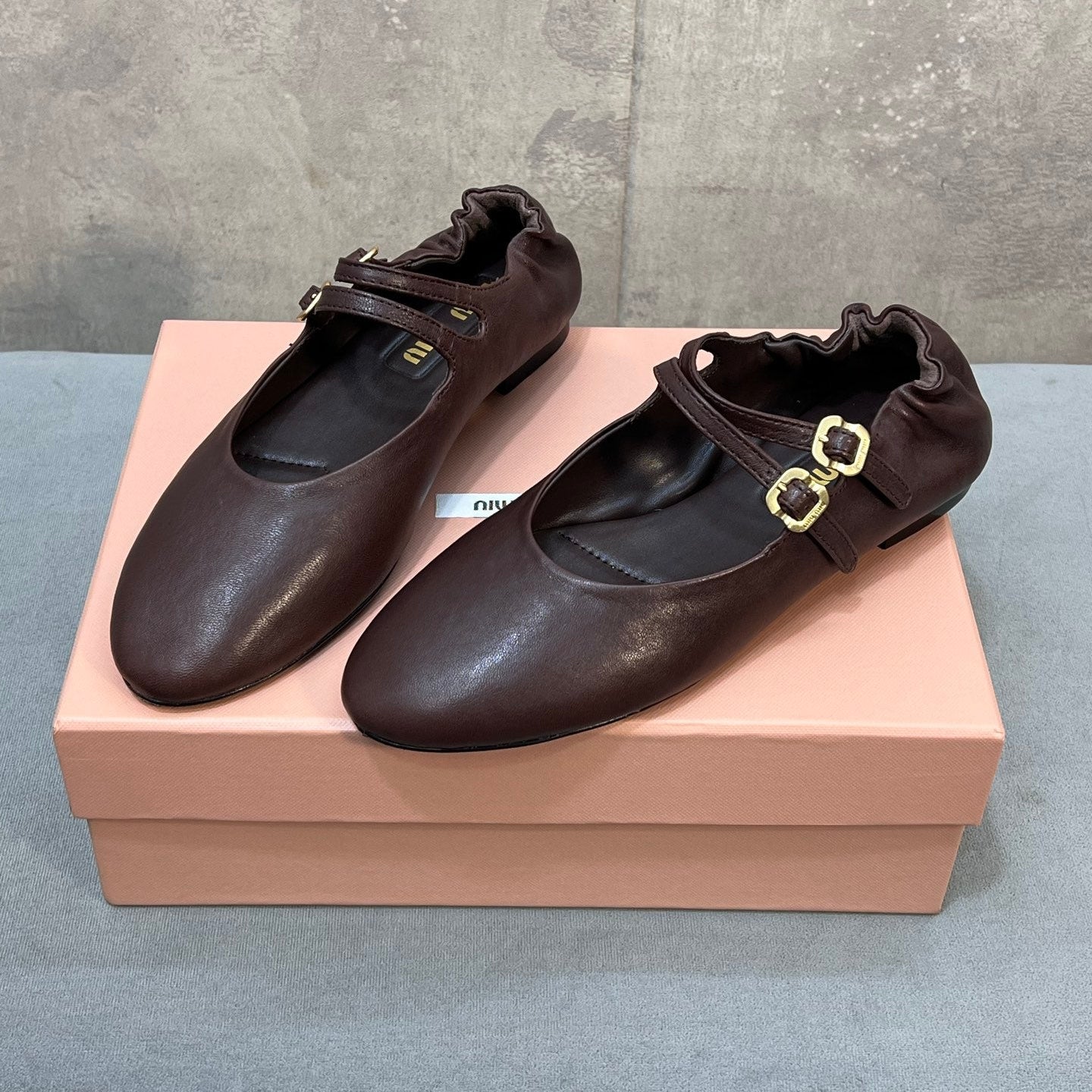 Miu 26s Double Strap Mary Jane Flats In Dark Brown Sheepskin