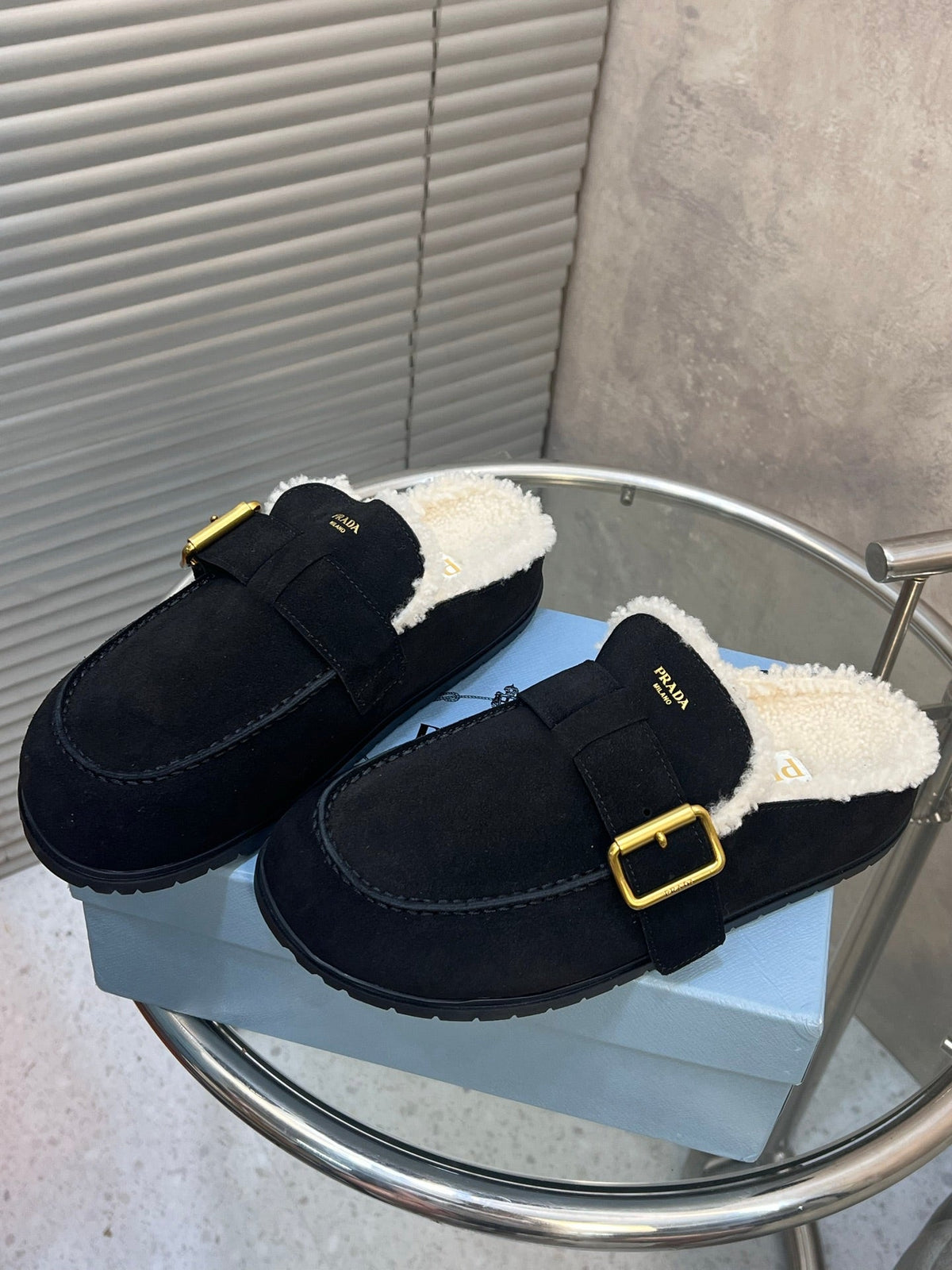 Prada 26s Mules Black Suede Shearing 952903