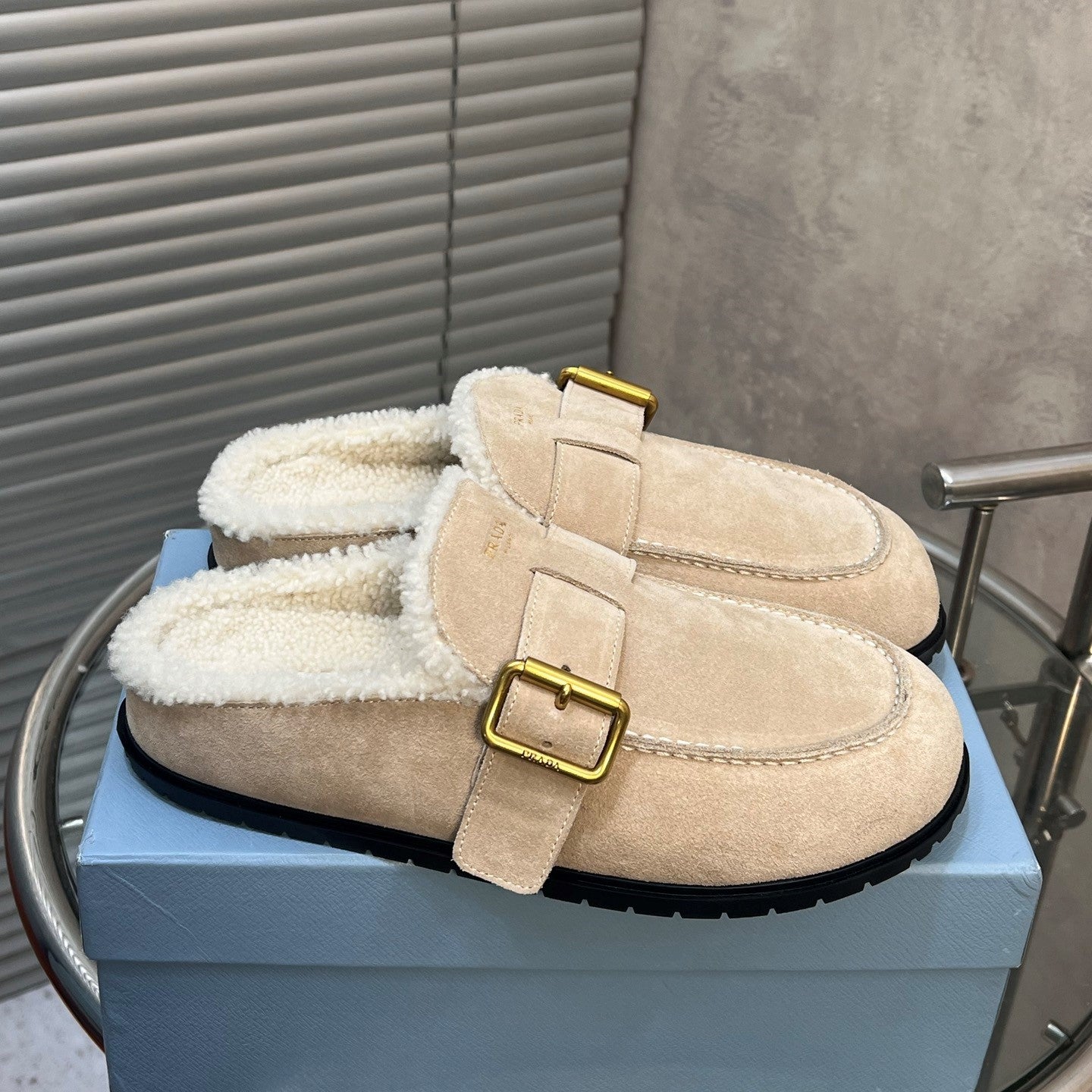 Prada 26s Mules Desert Beige Suede Shearing 952904