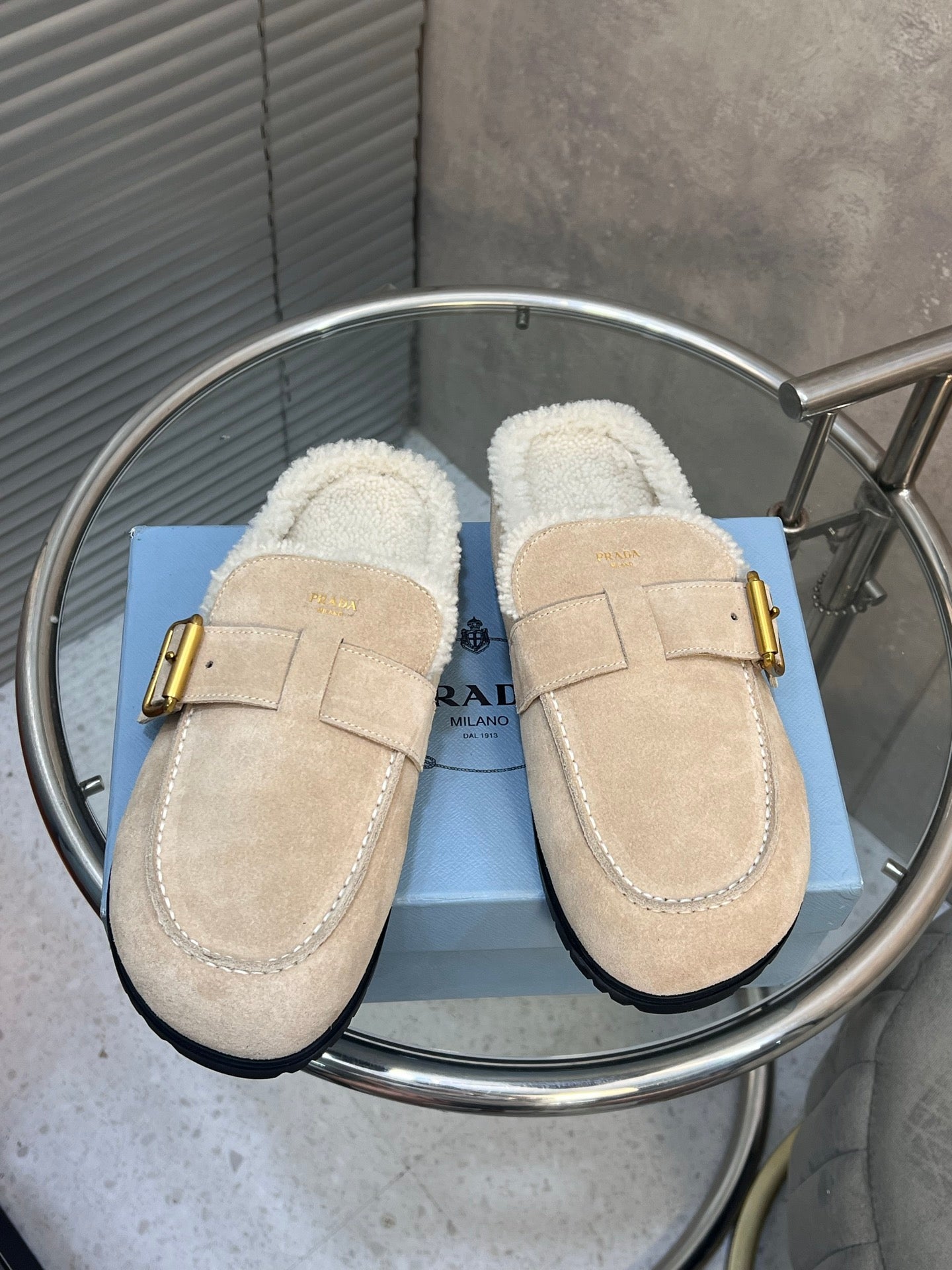 Prada 26s Mules Desert Beige Suede Shearing 952904