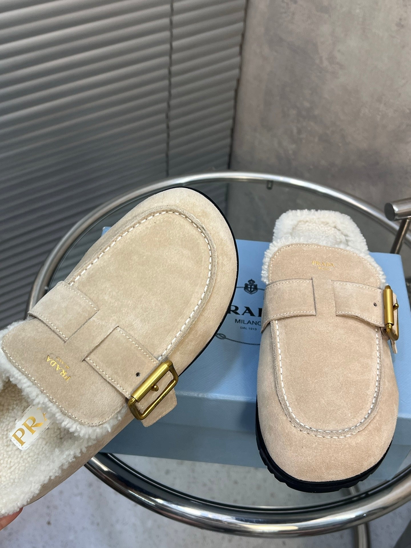 Prada 26s Mules Desert Beige Suede Shearing 952904