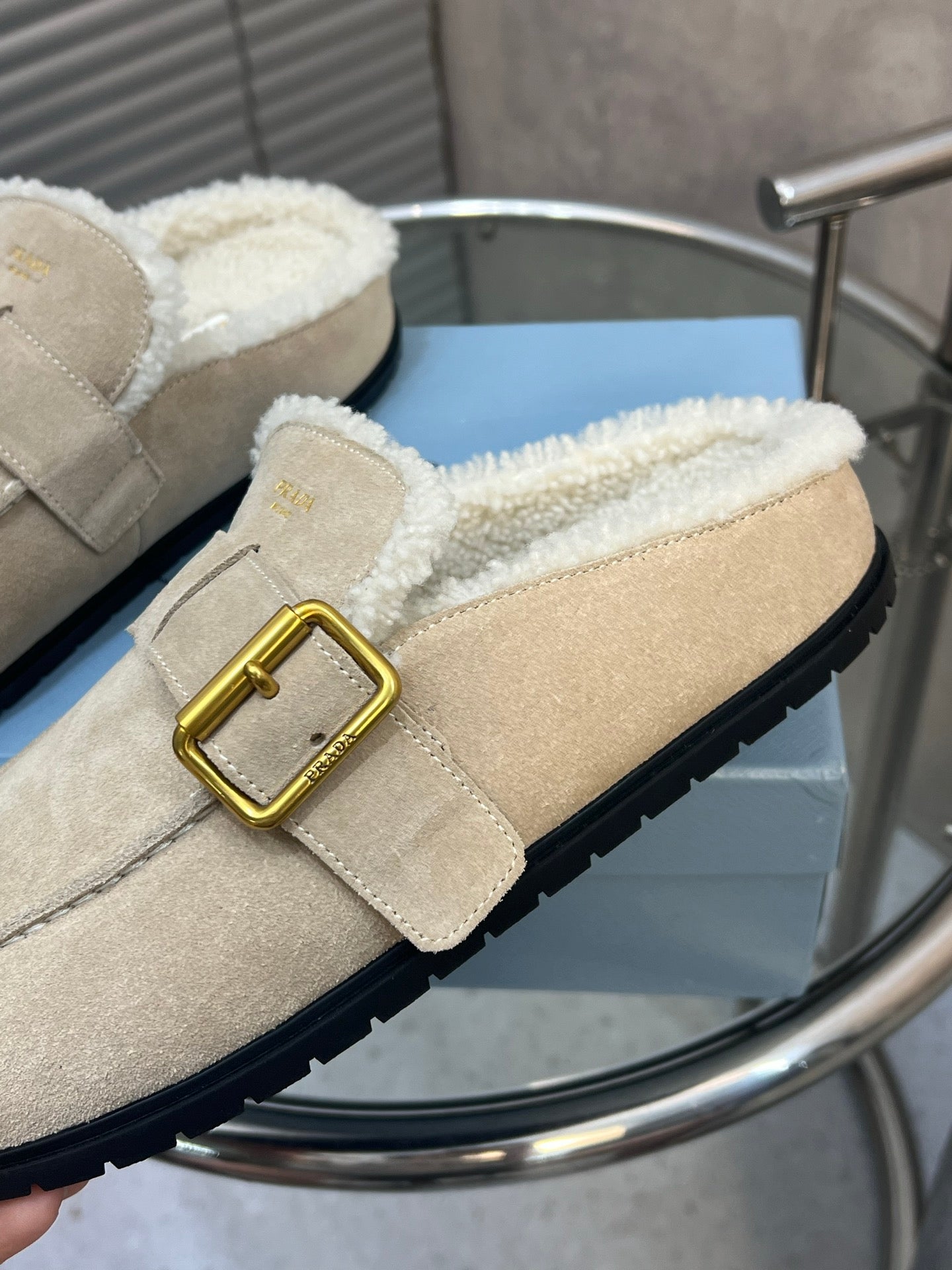 Prada 26s Mules Desert Beige Suede Shearing 952904